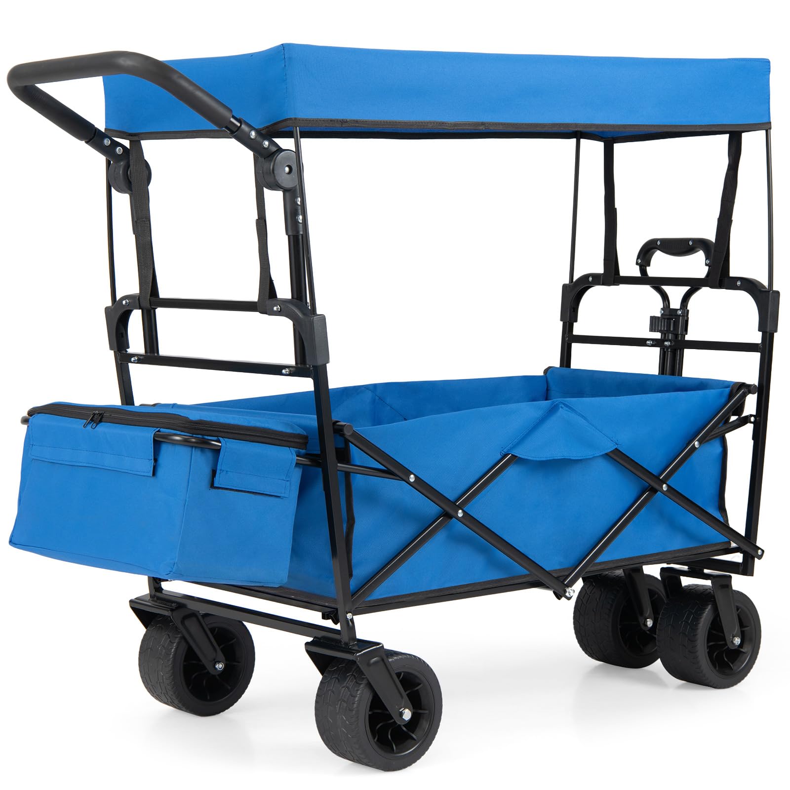 COSTWAY Folding Trolley Cart, 100L Collapsible Garden Festival Wagon with Canopy, Adjustable Handles, Detachable Bag & Wheels, Outdoor Transport Pull Along Carts for Camping Beach Shopping (Blue)