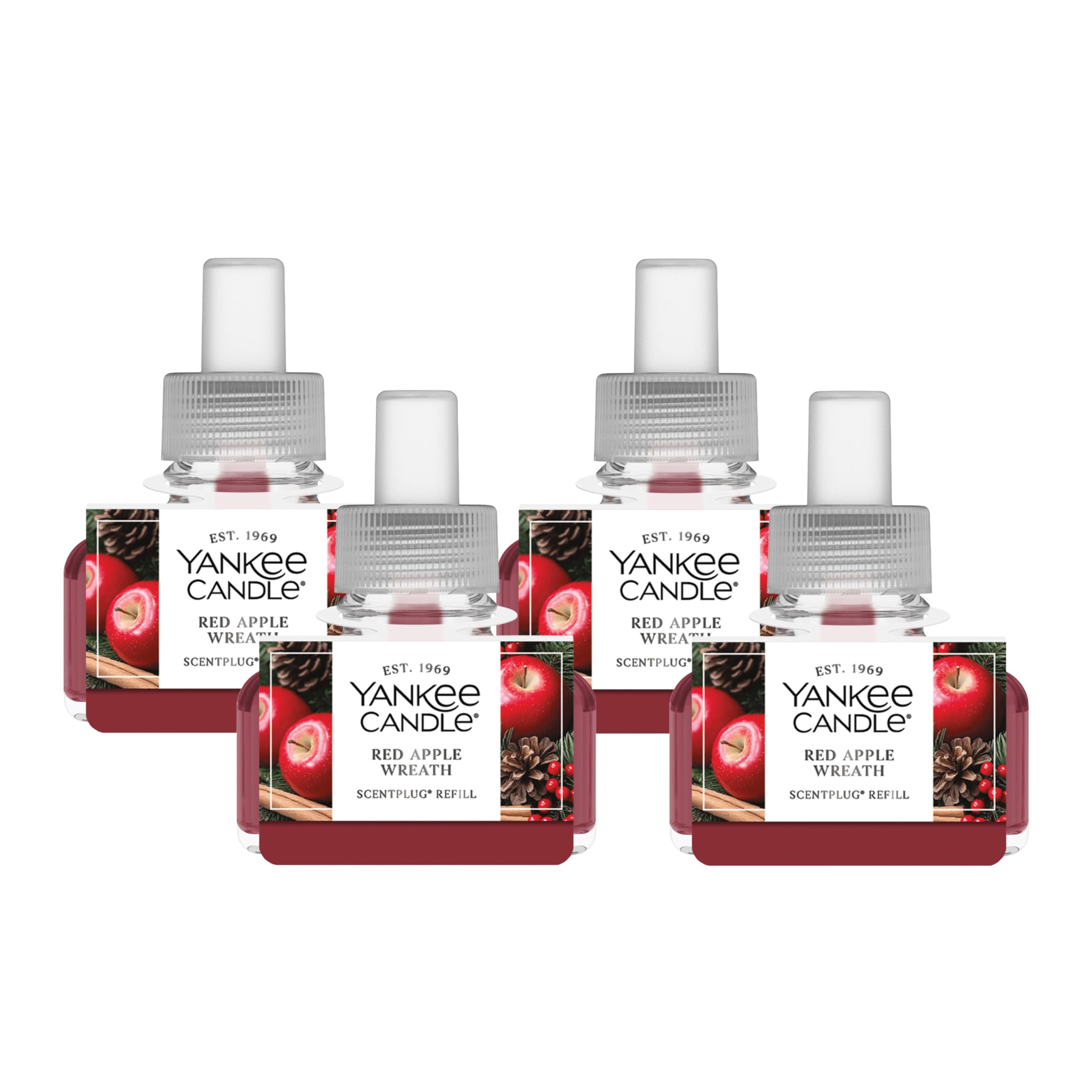 Yankee Candle ScentPlug Refill for Plug in Air Fresheners, Scented Oil Refills, Long Lasting Home Fragrance, Odor Eliminating Fragrance, Red Apple Wreath (Pack of 4)