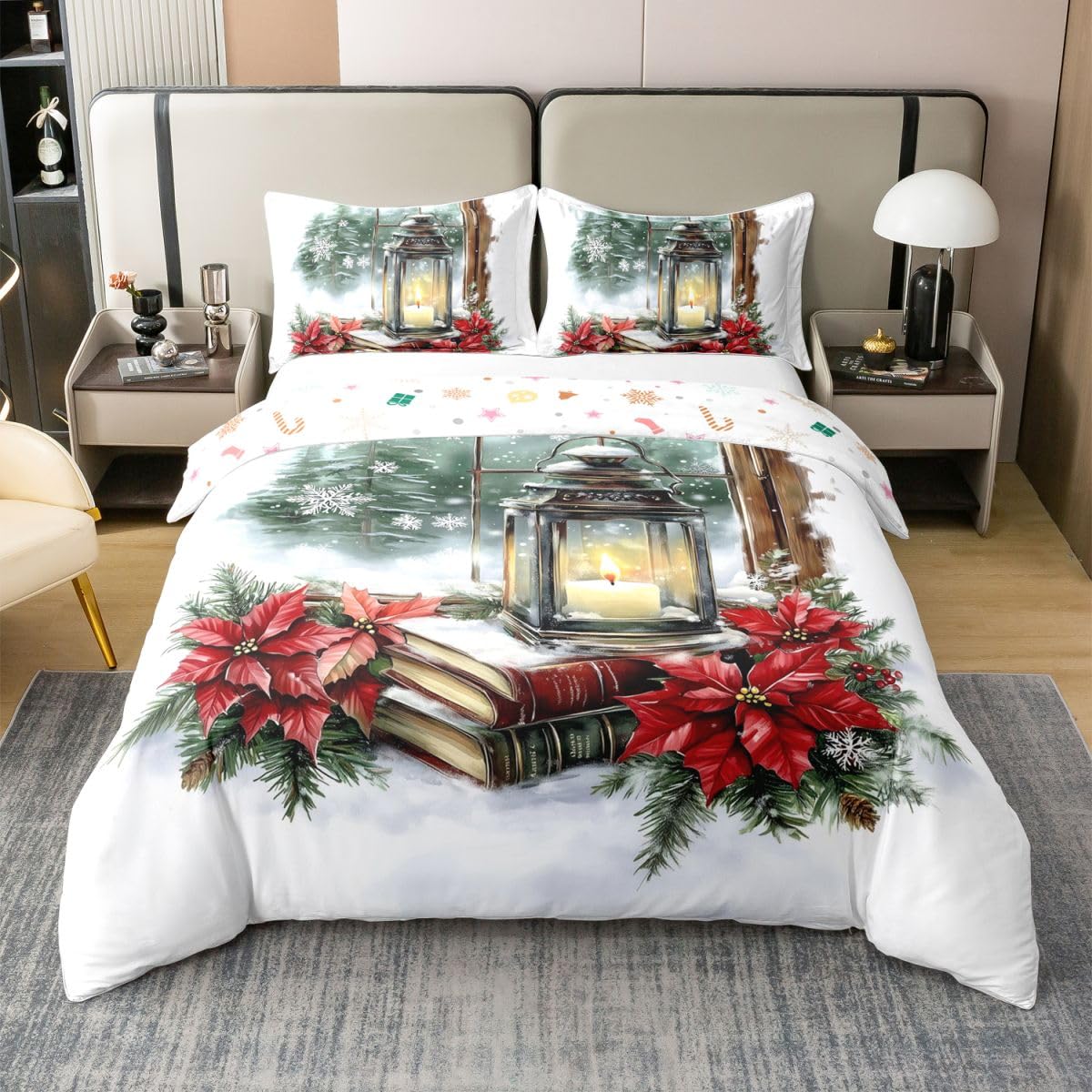 Housse de couette Noël coton parure de lit 3 pièces flocon de neige King Size