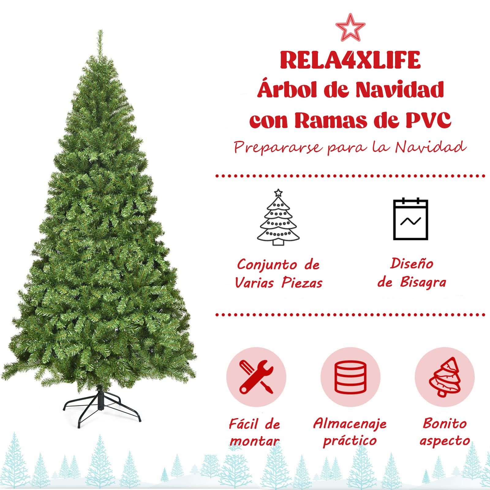 RELAX4LIFE Árbol de Navidad de PVC Ignífugo 180/225cm con 928/1346 Ramas, Árbol de Navidad con Soporte Plegable de Metal y Apertura Automática para Casa, Tienda, Oficina, Verde (225 cm)