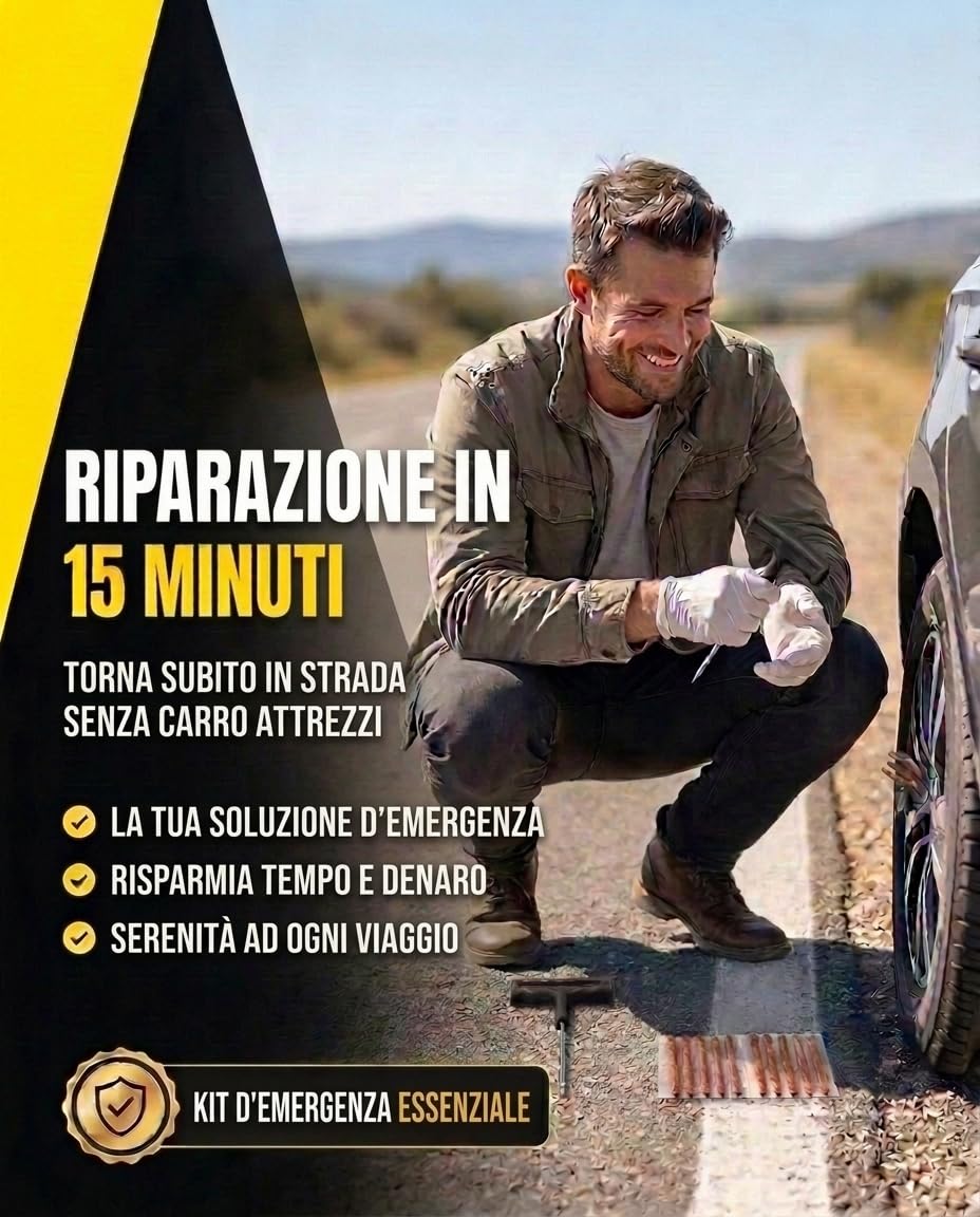 Kit Riparazione Pneumatici Auto - Kit Foratura Moto - Pronto in 15 Minuti - Include 10 Tasselli, 2 Attrezzi a T, Guanti e Taglierino - Kit Rparazione Gomme - 1 unità