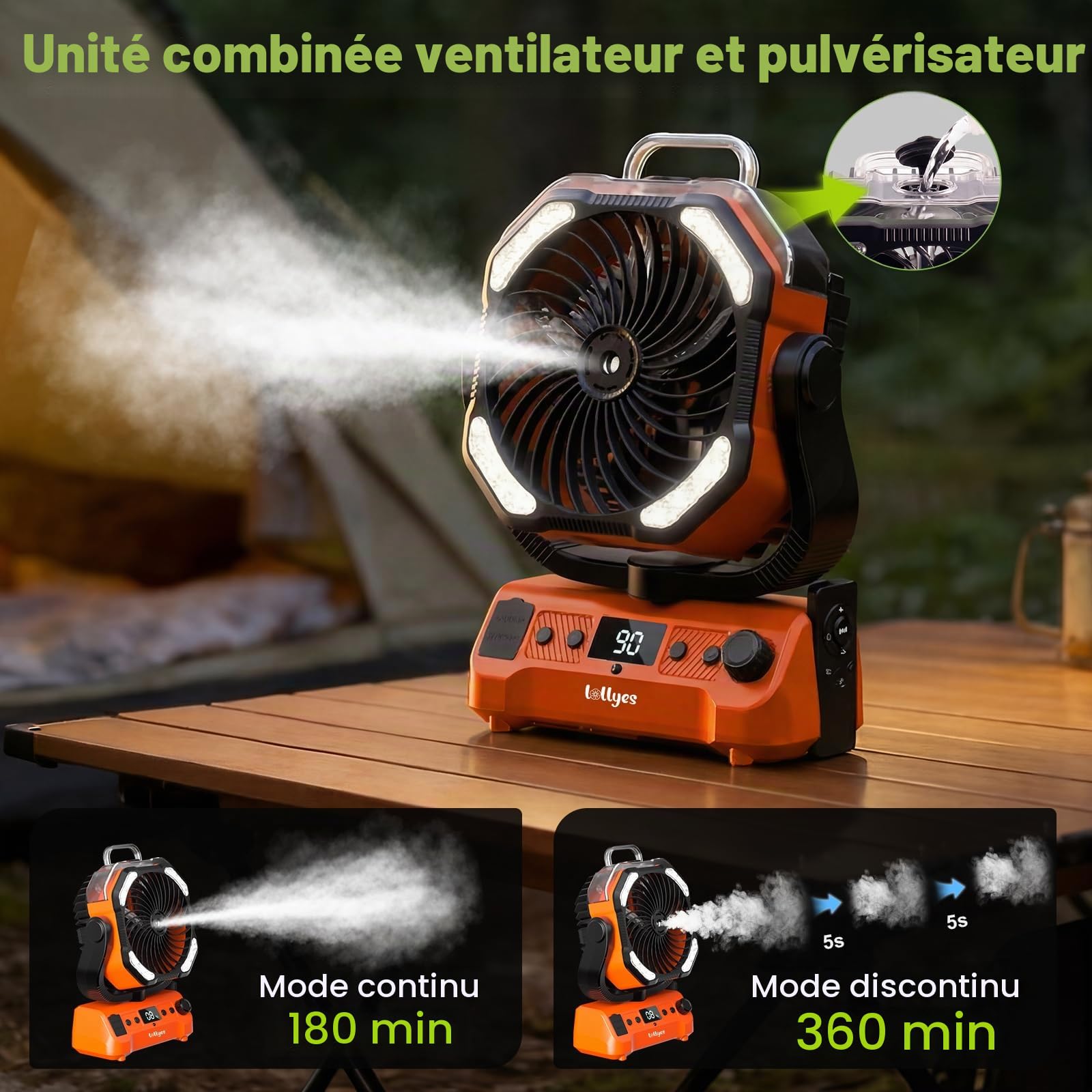 Lolleys Ventilateur Brumisateur de Camping 20000mAh, Ventilateur Portable Rechargeable avec Télécommande, Double Moteur, Crochet 360°, Vitesse Variable pour Extérieur Pêche Camping-car Plage, Orange