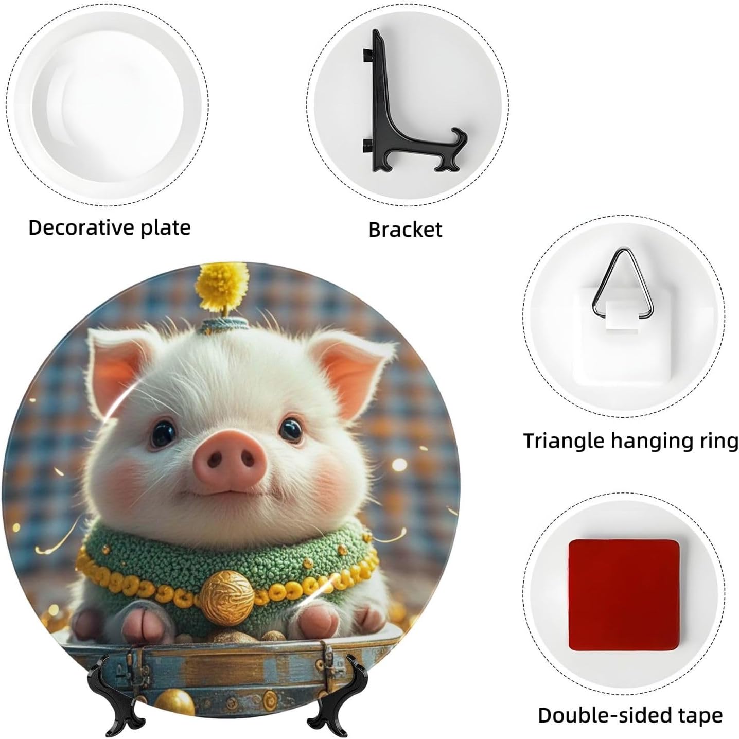 Bone China Decorative Plate with Display Foolish Cute Pig Ceramic Plates Crafts Art Decor Dessert Plate Ceramic Ornament Porcelain Plates for Living Room Kitchen Table Home Decor