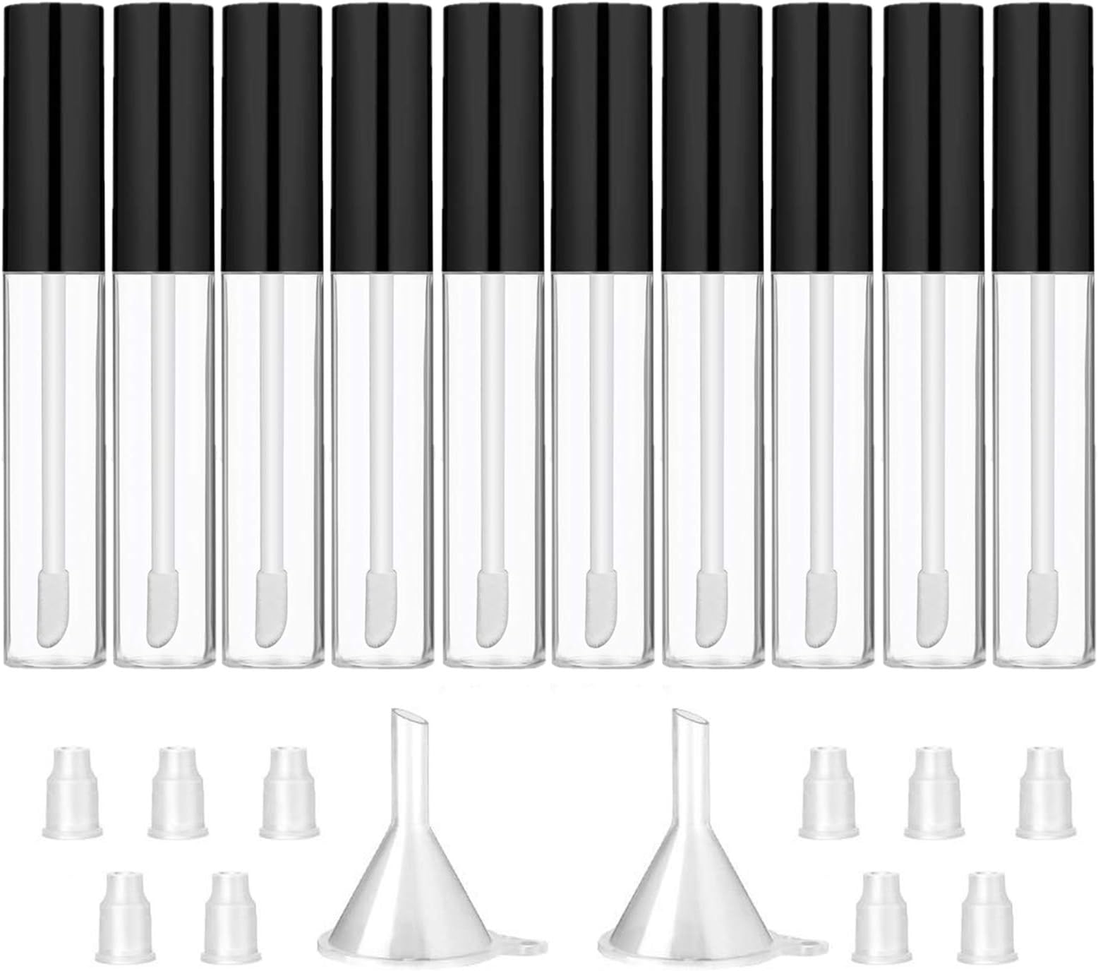 GTHER 10PCS 10ML Empty Lip Gloss Containers Tube with Wand, Refillable Lip Balm Bottles, Lipstick Sample Container and Funnel and Rubber Stoppers for Girls DIY Lip Samples, Black Top
