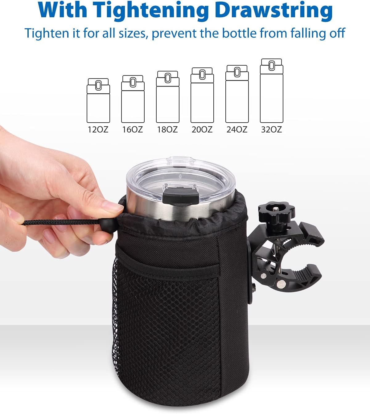 Techjayse Large Cup Holder, Oxford Fabric Drink Cup Can Holder with Drain and Alligator Clip for Motorcycle, ATV, Bike, Scooter, Wheelchair, Walker, Golf Cart, Upgrade Size
