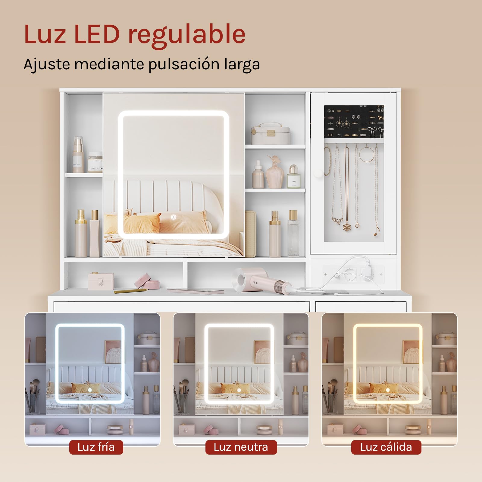 WOLTU Tocador Maquillaje con Joyero, Espejo Luz LED Ajustable, Mesa Tocador Maquillaje con Enchufes, Cajones y Estantes, Blanca, MB6125ws