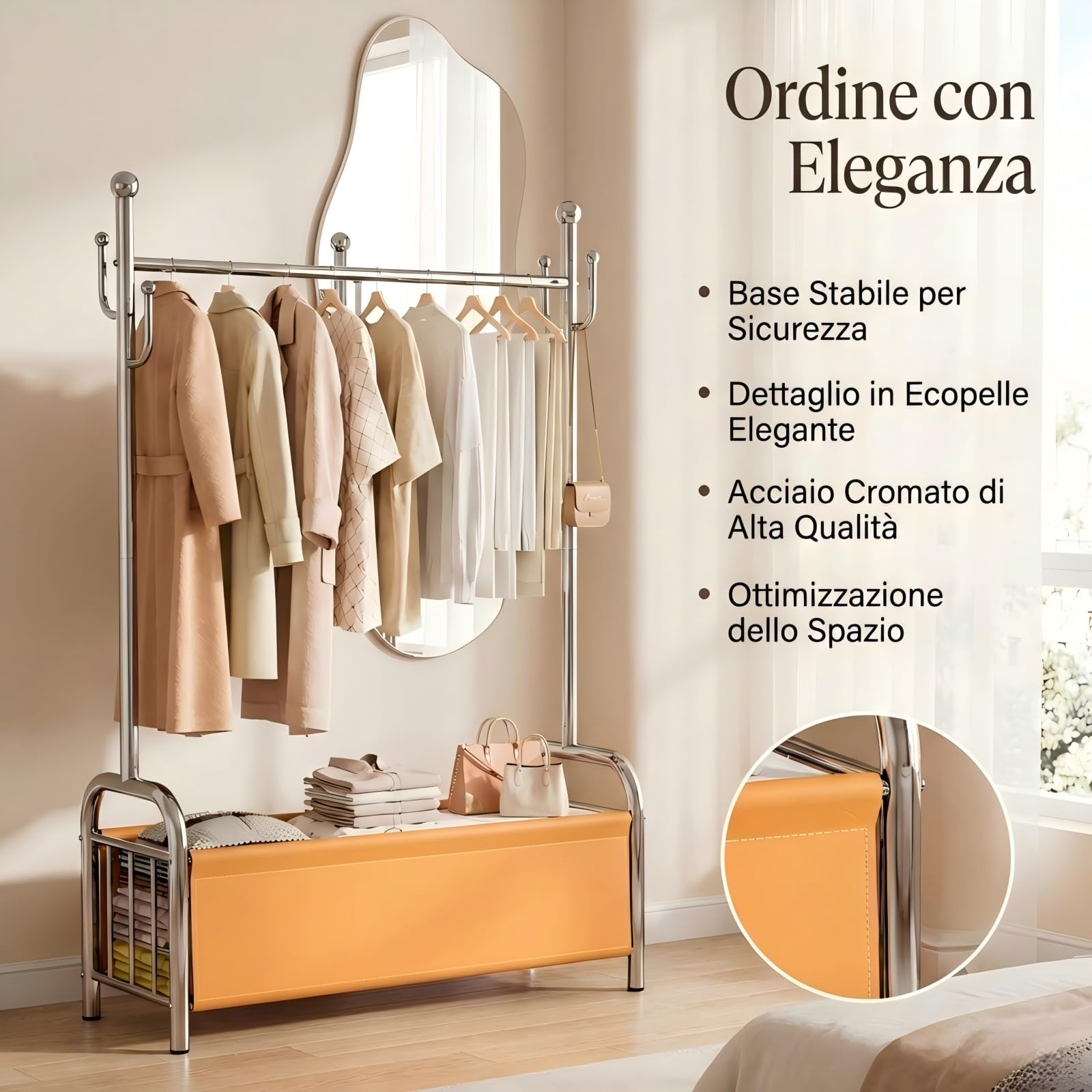 Appendiabiti da Terra in Acciaio Inox, Stand Appendiabiti con Cestino Portaoggetti in Pelle, 115 kg, Porta Abiti Stabile, Attaccapanni, Porta Vestiti da Camera, Organizzazione Casa - 5