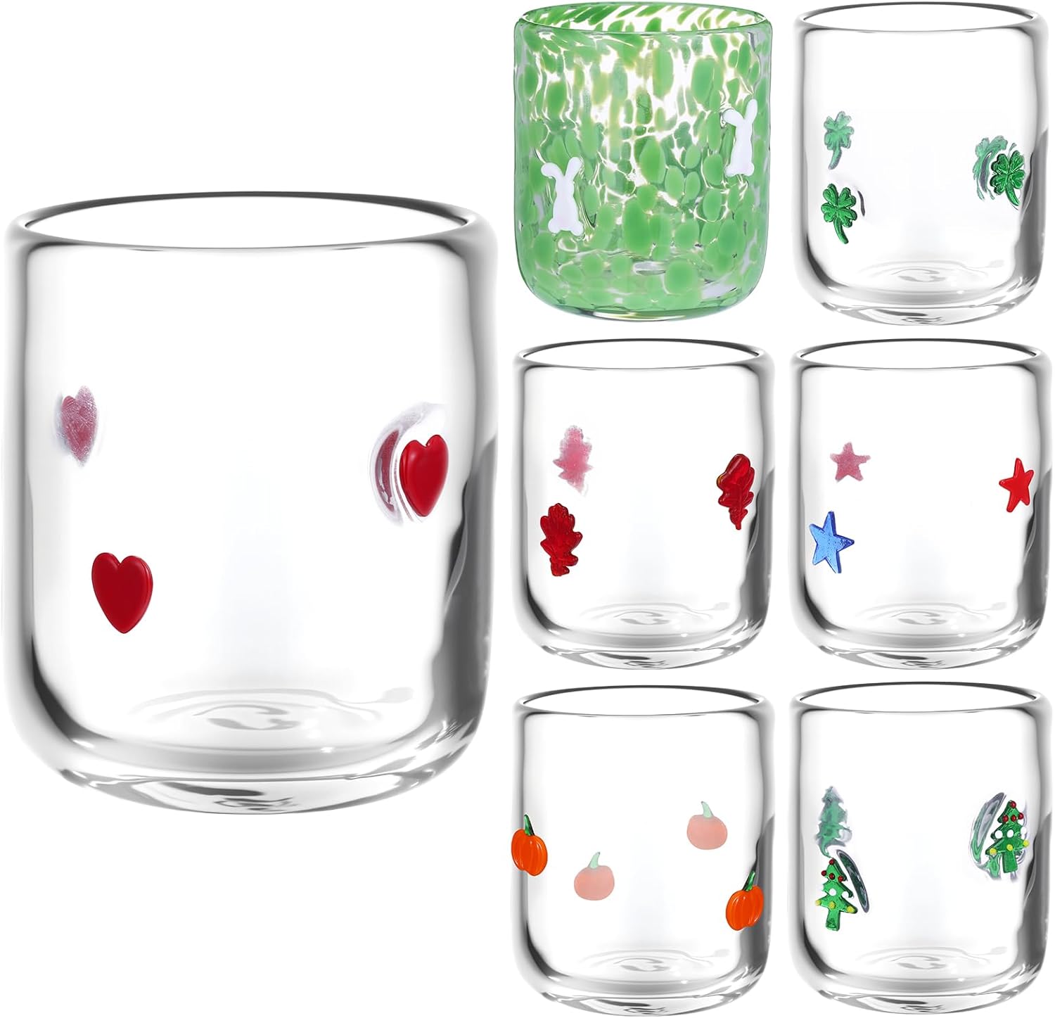 SiliFine Icon Juice Glasses, 14oz Stemless Wine Drinking Juice Glass Cup for Valentine Party Supplies Gift(7 Pcs,Multi-style)