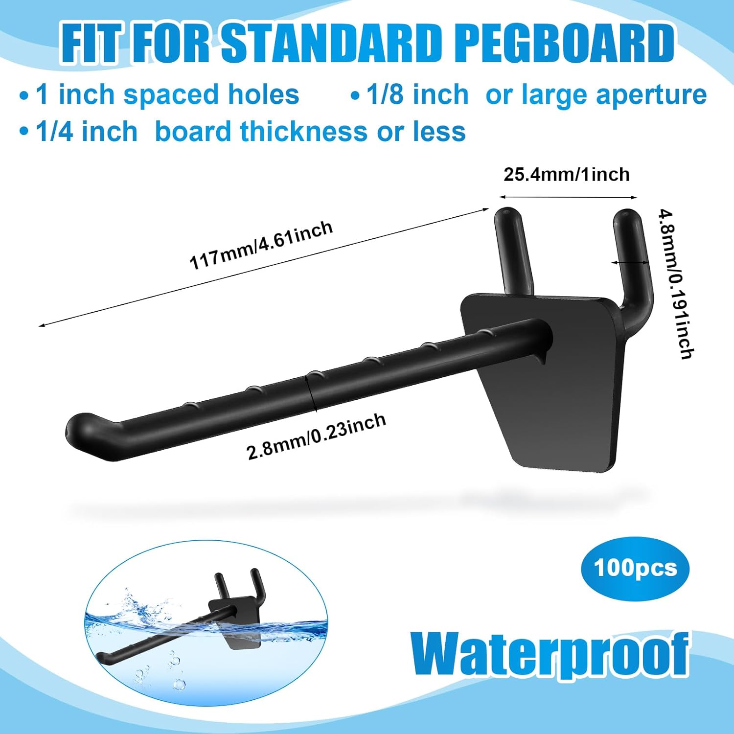 Unittype 100 Pack Plastic Pegboard Hooks 4 Inch Suitable for 1/4 and 1/8 Pegboard Pegboard Accessories for Garage, Office, Kitchen, Store (Black)
