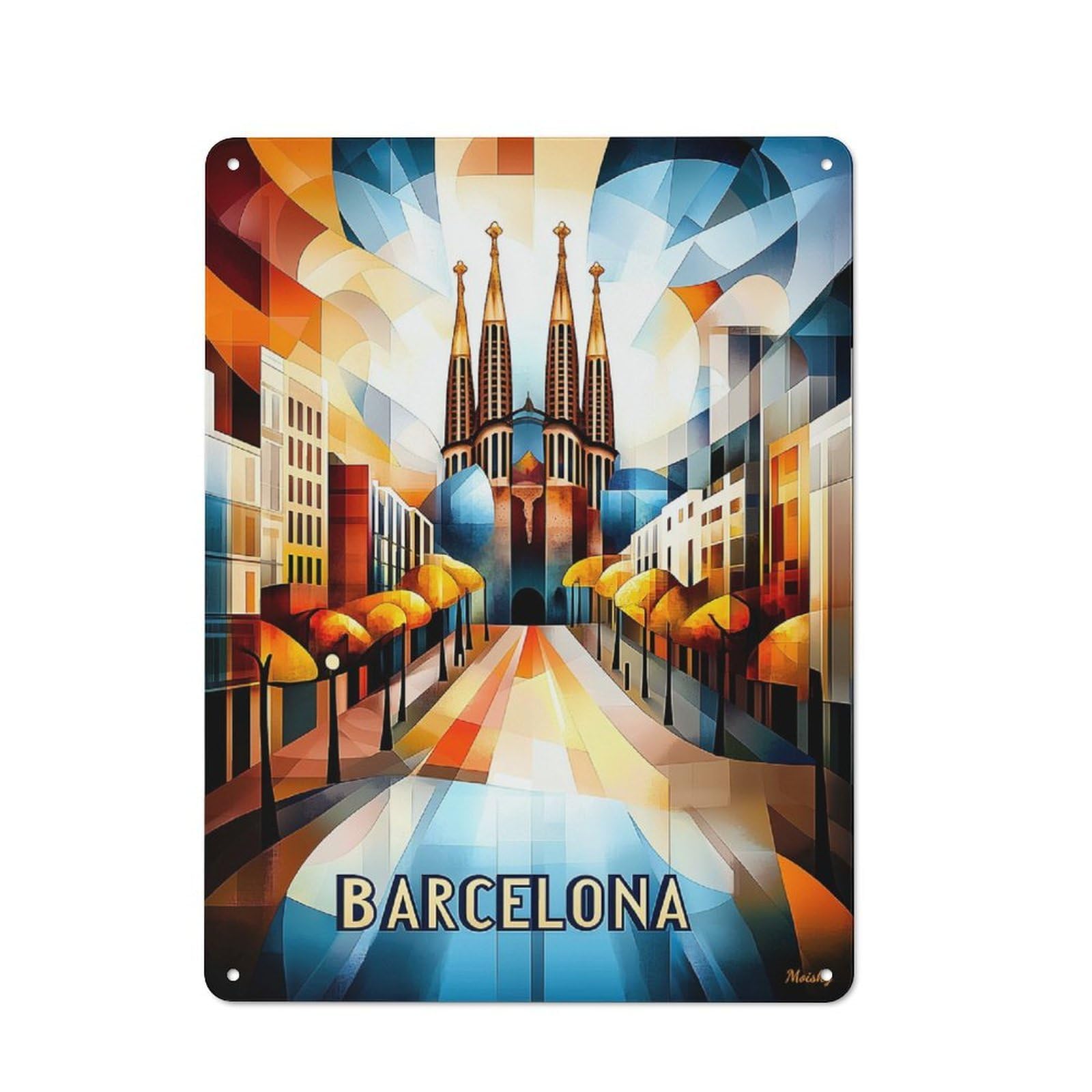 Junmoney Barcelona Cubist Sunrise – Geometric Cityscap E Art Retro Metal Plaque 40X30cm For Lounge Or Reading Corner, Suited To Lounge Decor Fans