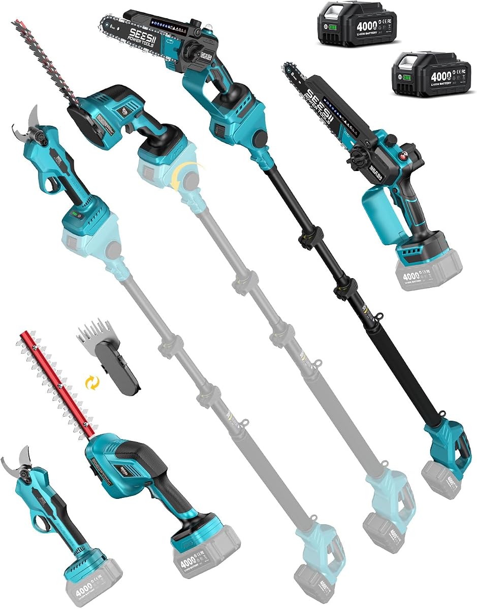 SEESII Mini Kettensäge 6 Zoll & Akku Heckenschere & Gartenschere, 8-in-1 Teleskop Gartenwerkzeug Set mit 2x 4000mAh Akkus, Bürstenloser Motor, für Baum- & Heckenschnitt