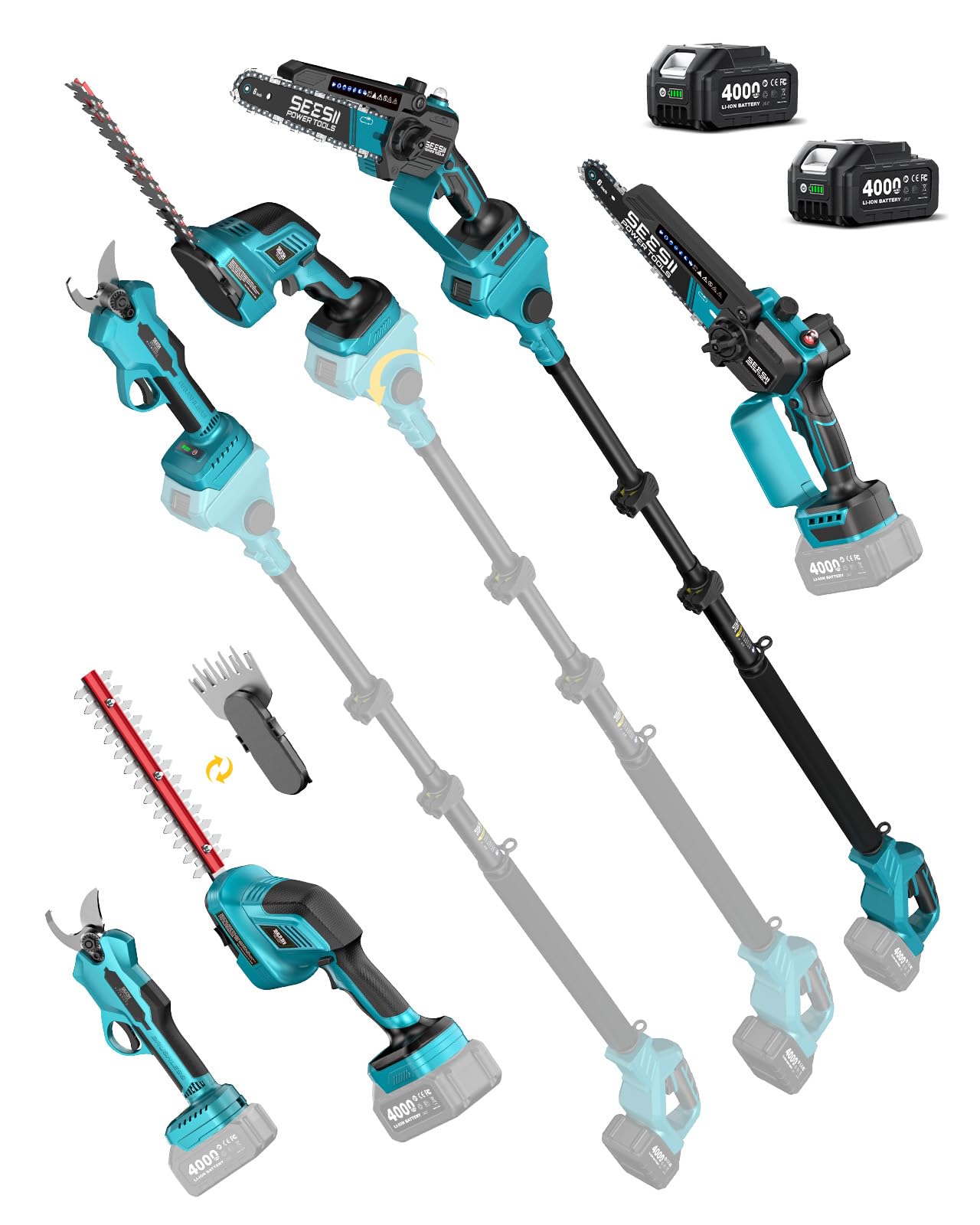 SEESII Mini Motosierra 6 Pulgadas & Cortasetos & Tijeras Podar Bateria, Kit de Herramientas de Jardín Telescópico 8 en 1 con 2x 4000mAh Baterías, Motor Brushless, para Poda de Árboles y Setos