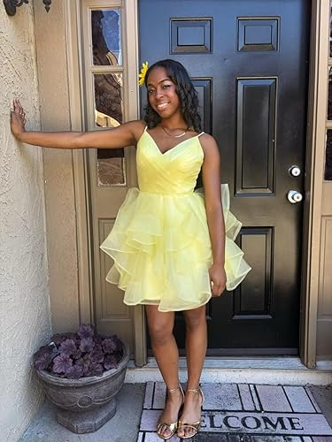 Miniatura 6 de ZSHAOLHYJYZS Vestidos escalonados de regreso a casa 2025 con cuello en V y purpurina de tul con tirantes delgados, vestidos cortos de graduación