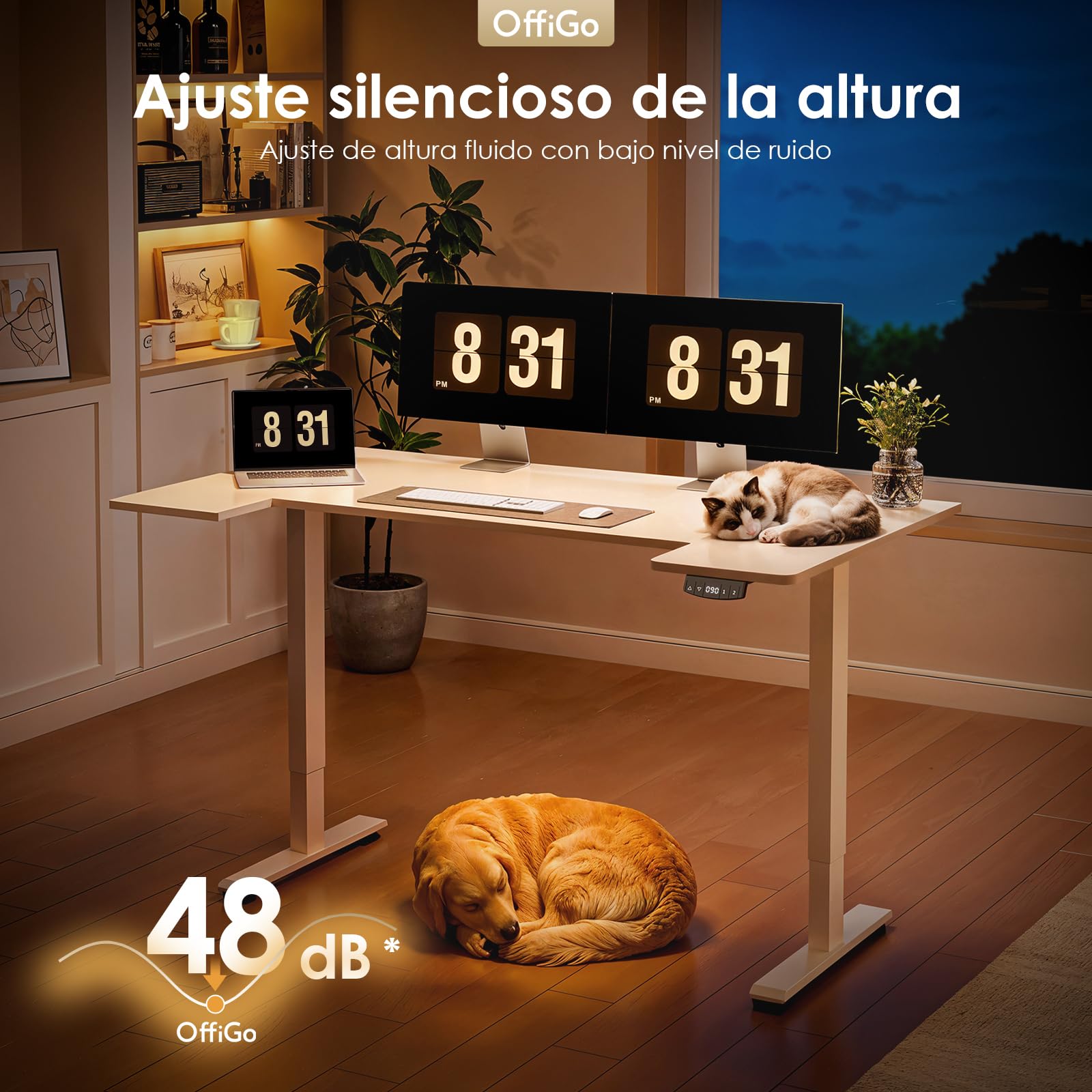 OffiGo Mesa Elevable Escritorio con Memoria, 140×70 cm, Blanco | Cubierta en forma de U, 2 memorias, eescritorio elevable para oficina en casa, mesa regulable 72-119 cm, motor silencioso
