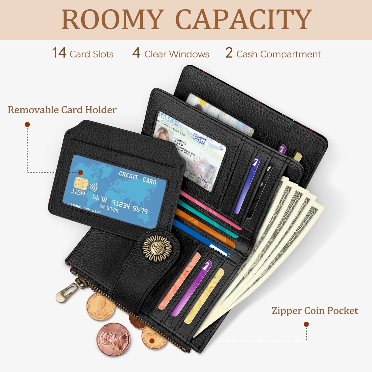 Butterfly Small Wallet Women RFID Blocking Bifold, Credit Card Holder, Zipper Coin Pocket, PU Leather, Compact, Travel, 4 ID Window, 14 Card Slots, Cash Purse, Ladies Woman Female Girls - Image 2