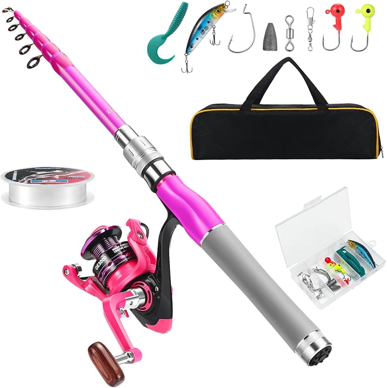 Fishing Rod and Reel Combos, Carbon Fiber Telescopic Fishing Pole Kit with Spinning Reel, Fishing Line, Fishing Lures, Travel Bag for Woman Girl Beginner Saltwater Freshwater