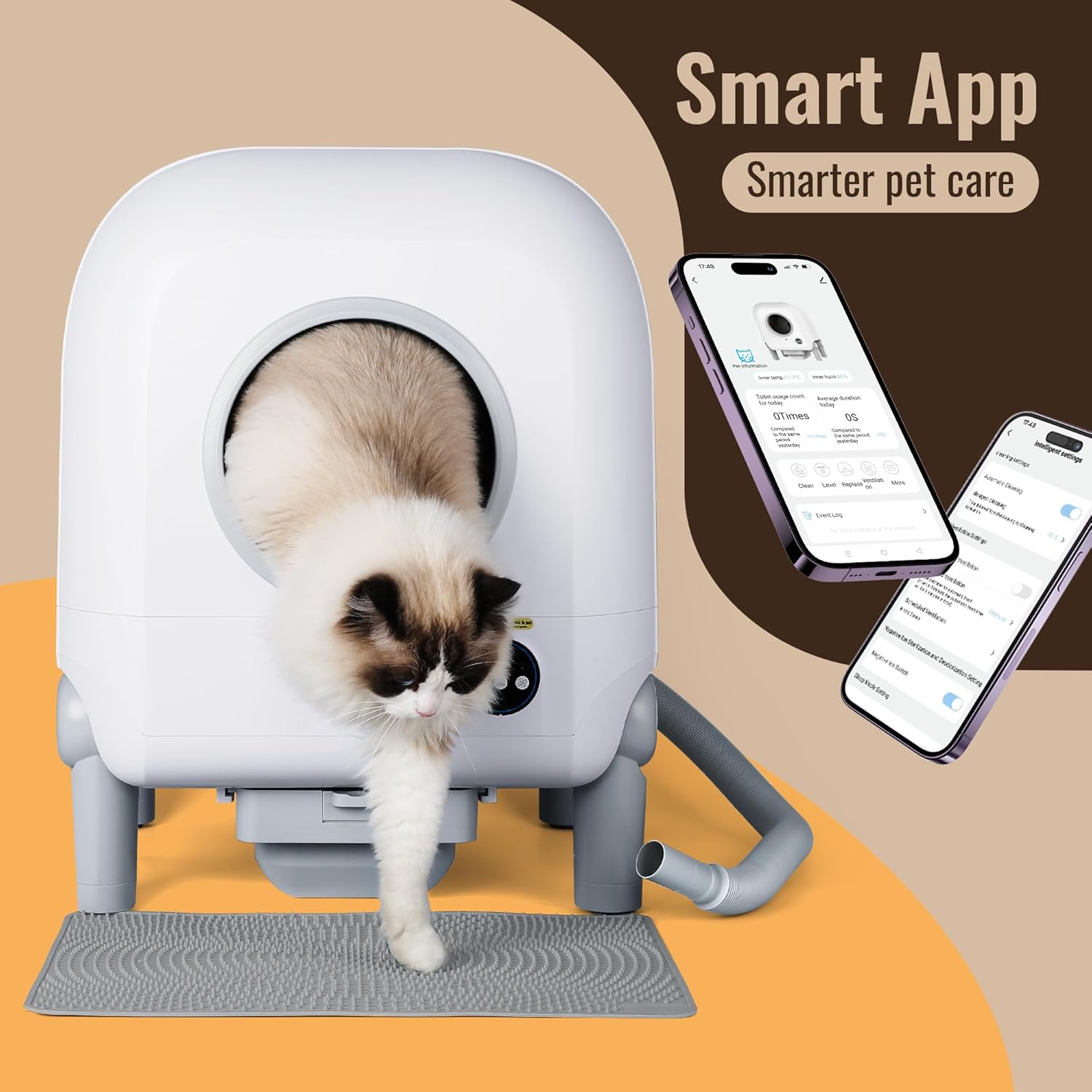 A cat exiting the ZeaCotio ZS-02 self-cleaning litter box, with two smartphones displaying the mobile application interface for smart pet care.