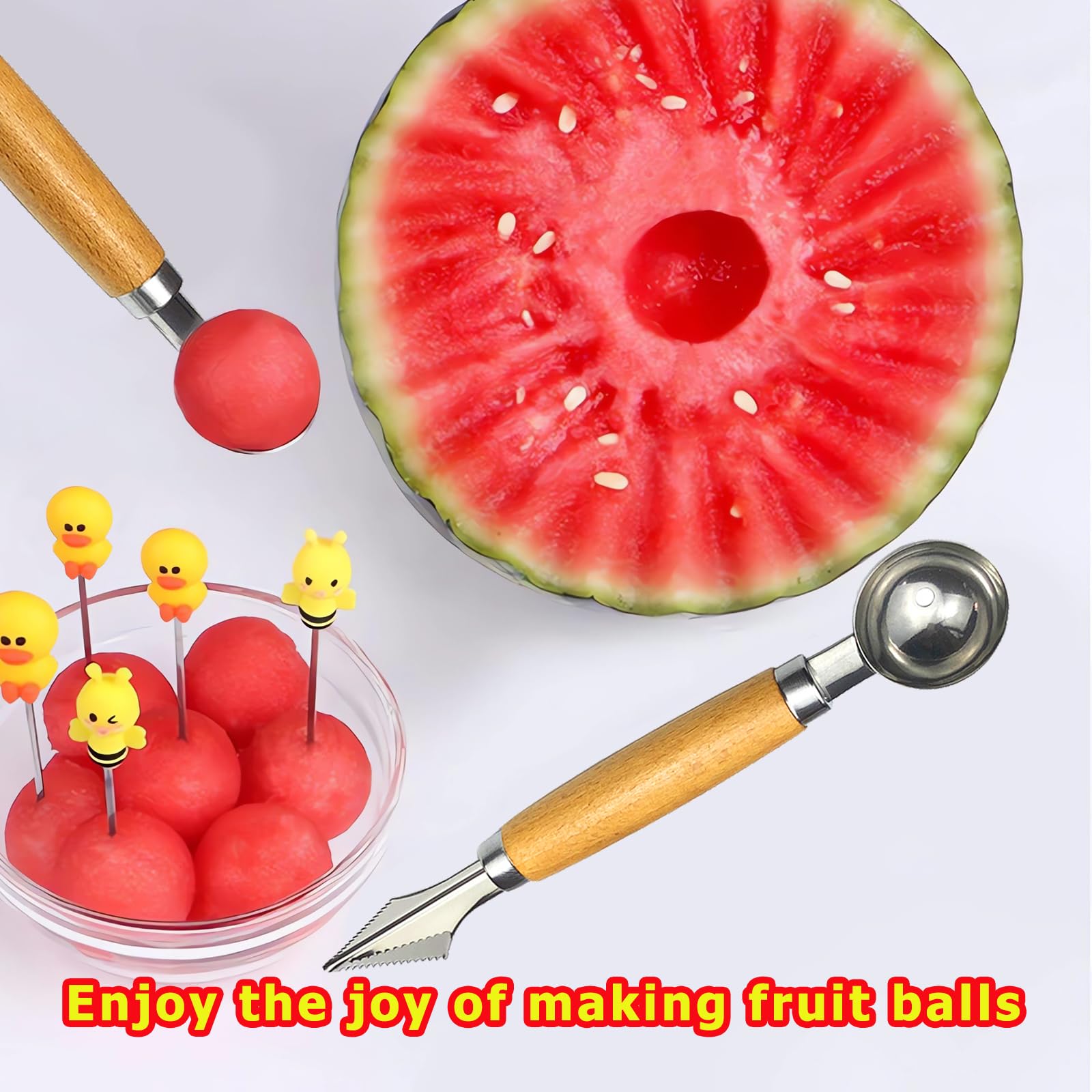 Juego de bolas de melón de acero inoxidable de doble extremo con mango de madera, herramientas de tallado de frutas, formas de cortador de frutas