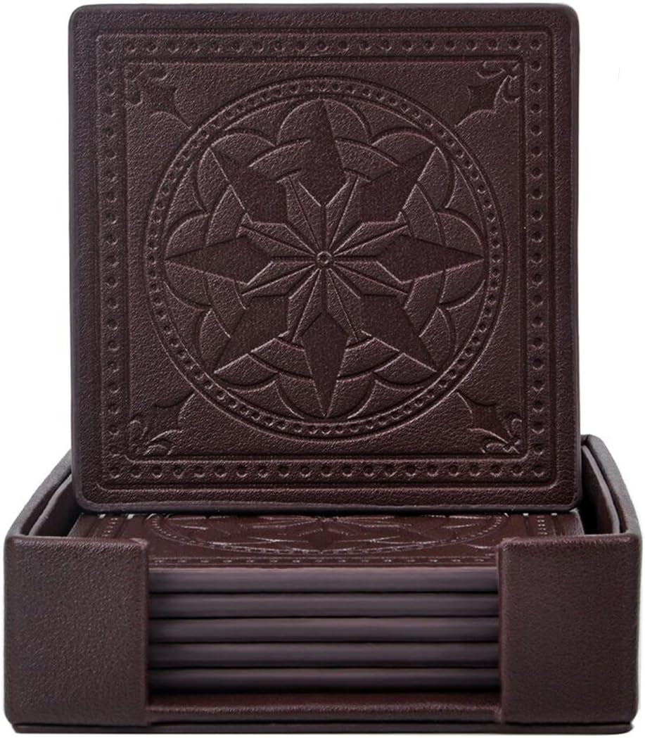 Drink Coasters,365park PU Leather Coasters Set of 6 with Holder for Drinks Glasses-Functional and Decorative,, Coffee
