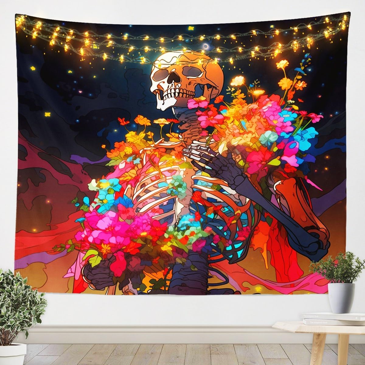 Castle Fairy Boho Skeleton Tapestry,Retro Floral Garden Wall Hanging Art,Romantic Starry Sky Night Wall Blanket for Kids Girls Boys Teens Room Decor,Colorful Exotic Porch Hangings,70.9x92.5