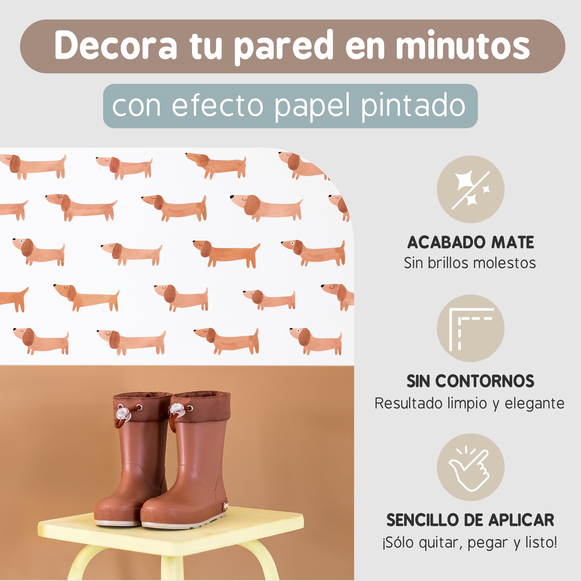 Pegatinas Pared Decorativas Infantiles Perro Teckel | 6 Láminas, 96 Perros Adhesivos | Vinilo Adhesivo Pared | Efecto Papel Pintado | Cubre 9 m² | TRESXICS (Marrón)