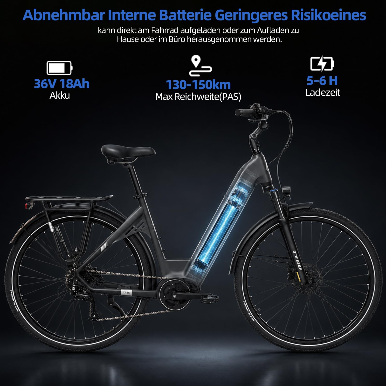 ttgo C7 SE Vélo électrique 28" pour homme et femme avec moteur central de 250 W, batterie 36 V 18 Ah, 9 vitesses jusqu'à 25 km/h, portée de 130 à 150 km, freins à disque hydrauliques