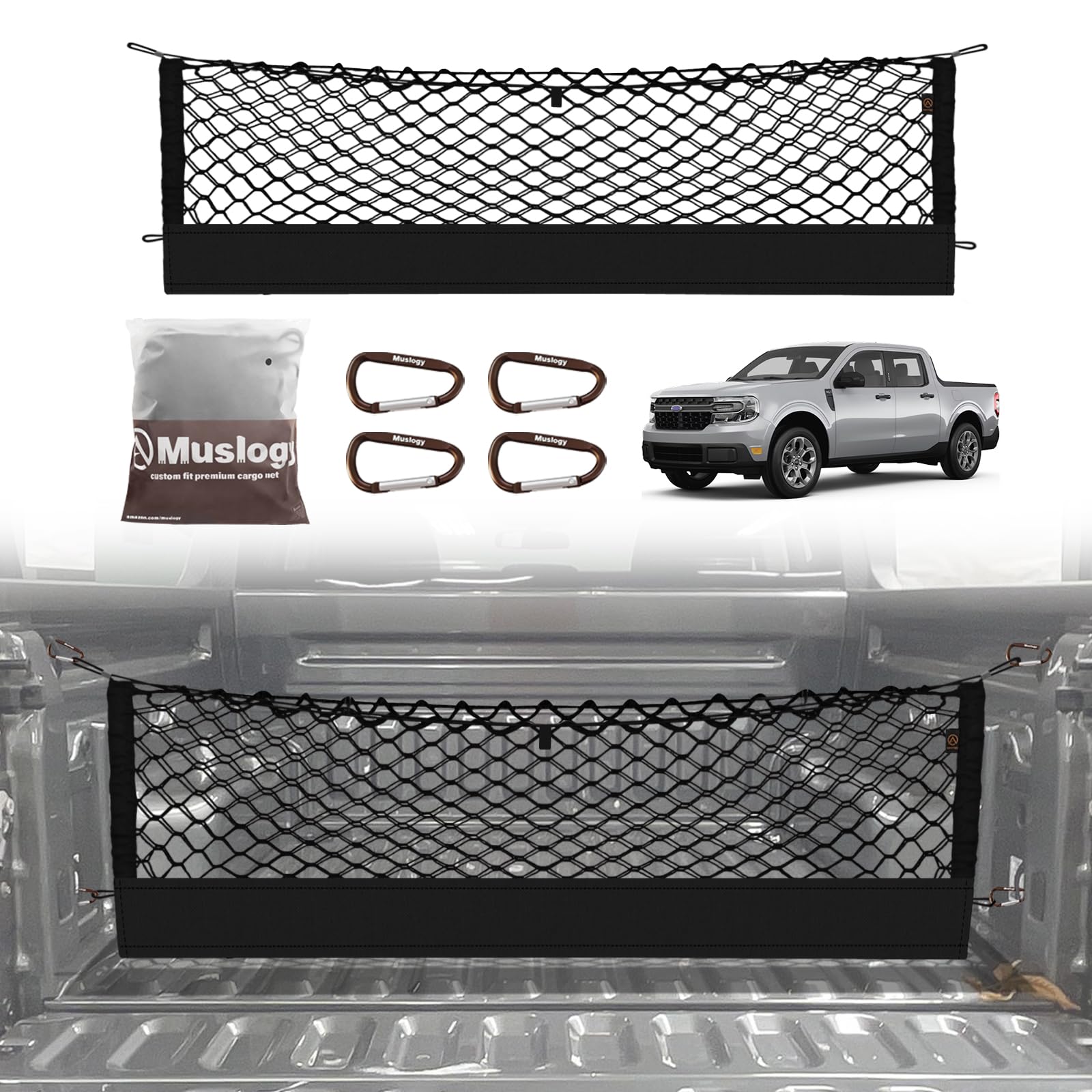 Muslogy Truck Bed Cargo Net Compatible with 2022-2024 Ford Maverick Accessories Envelope Style Bed Net Trunk Organizer - Upgraded Support Stability Rope with Metal Carabiners Tight Fit, Won't Sag
