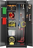 Vista 13 de Armario de almacenamiento de metal con cerradura, armario de garaje de metal con cerradura con tableros de clavijas y ganchos para garaje, almacén