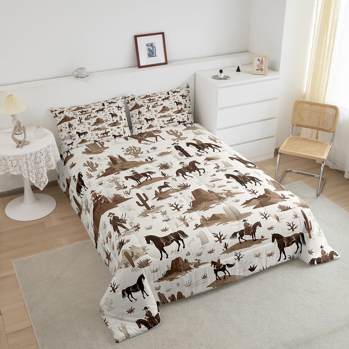 Feelyou Kids Queen Vintage Western Cowboy Kids Comforter Queen,Horse Comforter Set Cactus Desert Bedding Set for Teens Farmhouse Duvet Set 3Pcs