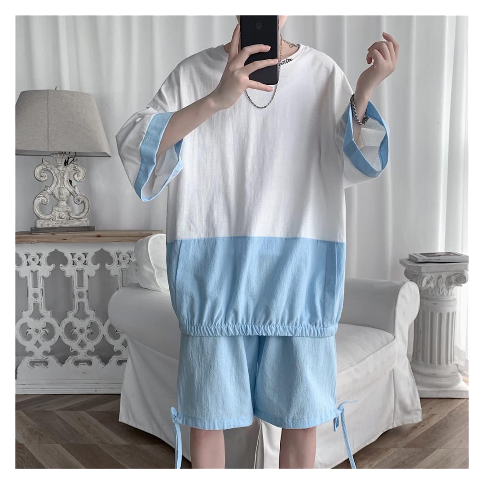 Zestawy szortów męskich Plus Size Patchwork Color All Match Loose Half Sleeve Men T Shirt Plus Spodenki Zestawy dwuczęściowe (kolor: D, rozmiar: kod XXXXXL)