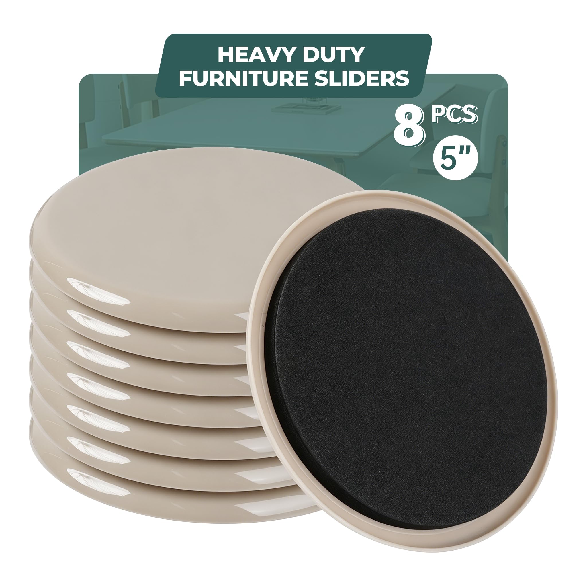 Round Furniture Sliders 8pcs 5 inch, Heavy-Duty Reusable Movers Sliders for Hardwood Floors & Carpet, Chair Sliders， Furniture Moving Sliders to Protect Floors and Move Furniture Easily(Beige)