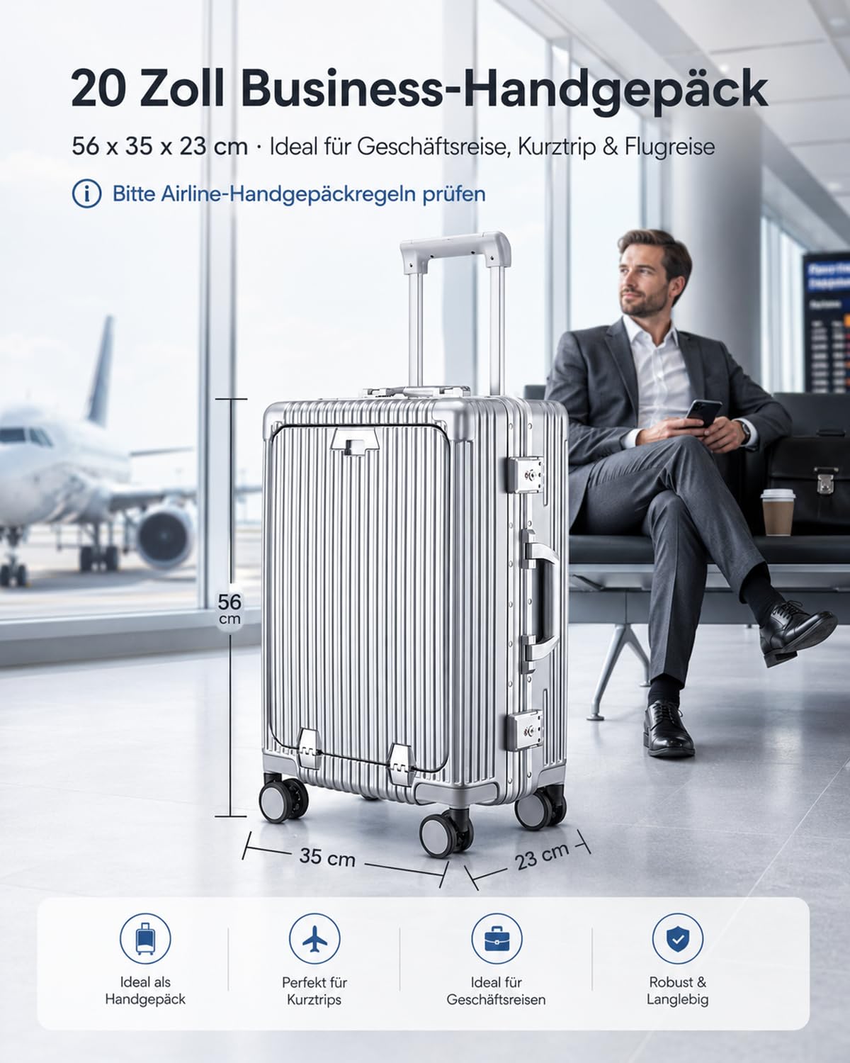 LANMOU Valigia da Cabina Rigida 56 cm, Telaio In Alluminio e PC, Argento | Trolley da Cabina con 4 Ruote, Serratura TSA, Porta USB, Portabicchieri, 56 x 35 x 23 cm
