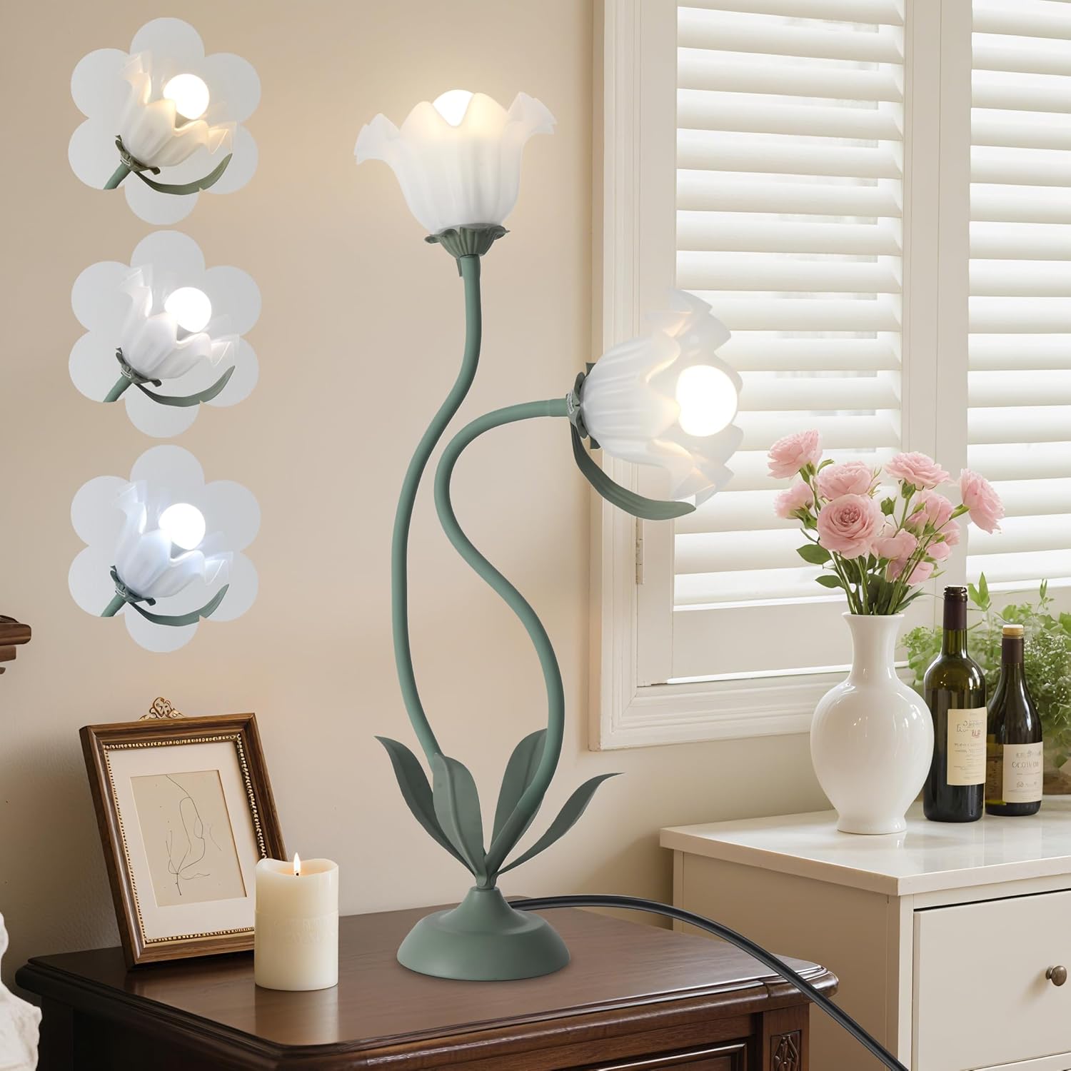 Vintage Flower Table Lamp Cute Lily Bedside Table Lamps, 3 Colors Modes Flower Desk Lamp Bedroom Green Floral LED Reading Light, E26 Bulbs Adjustable Flexible DIY Floral Nightstand Light Decor