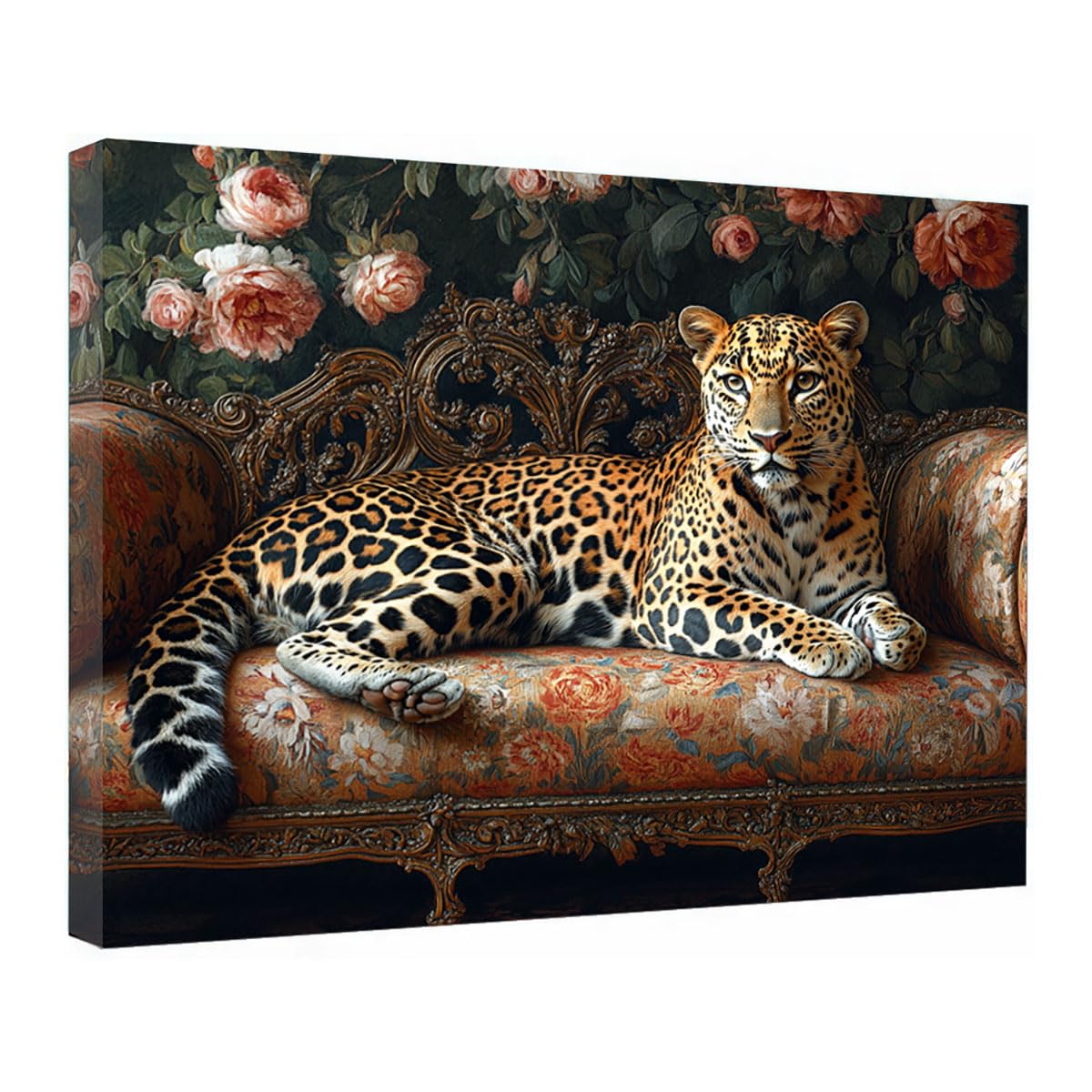 TZKRWRH Leopard Canvas Print Animals Preppy Poster Leopard On Vintage Floral Couch Cheetah Modern Maximalist Boho Wall Art Panther Painting Vintage Canvas Office(Pink 96)-80x120cm Framed