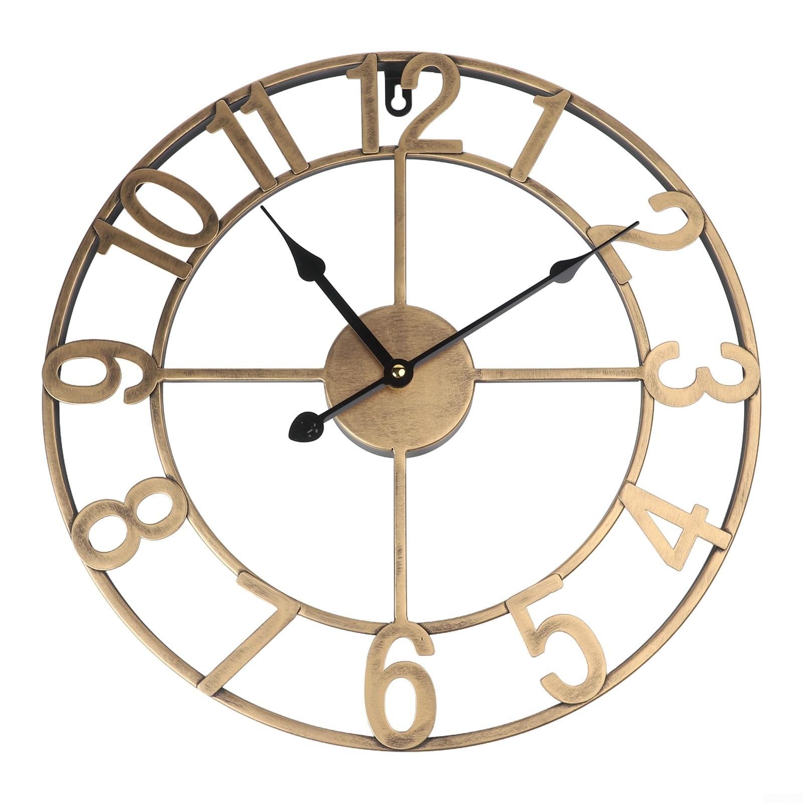 HpLive Vintage Metall Wanduhr Für Außenbereich Wetterfest Große Ziffern Leises Uhrwerk Für DEKO Für Garten Terrasse Hof Farmhaus Stilvoll Schwarz Oder Gold 34 cm，Outdoor Uhr Garten Wasserfest(G)