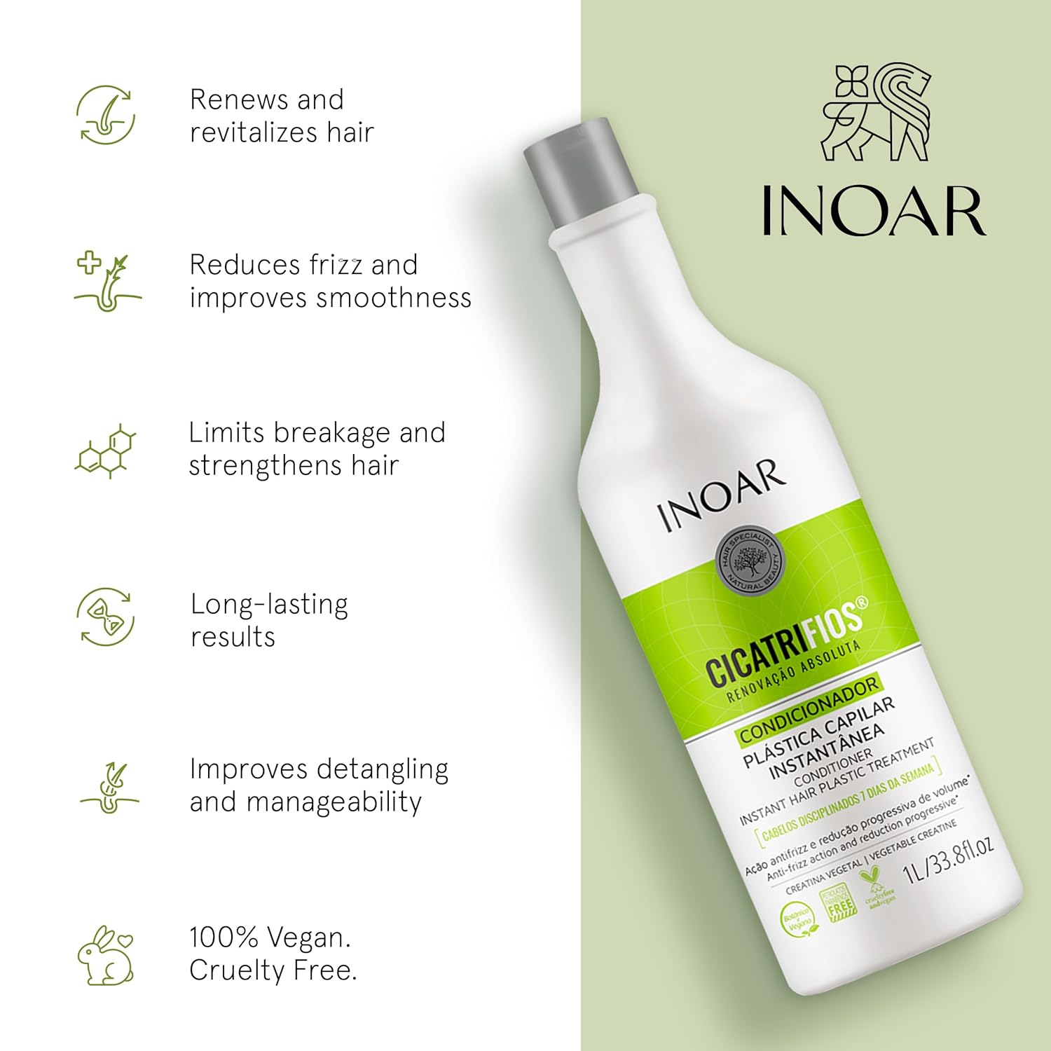 Inoar Cicatrifios Conditioner with RejuComplex3 for Intensive Repair, Frizz Reduction & Enhanced Softness, 33.8 Fl Oz - Image 3