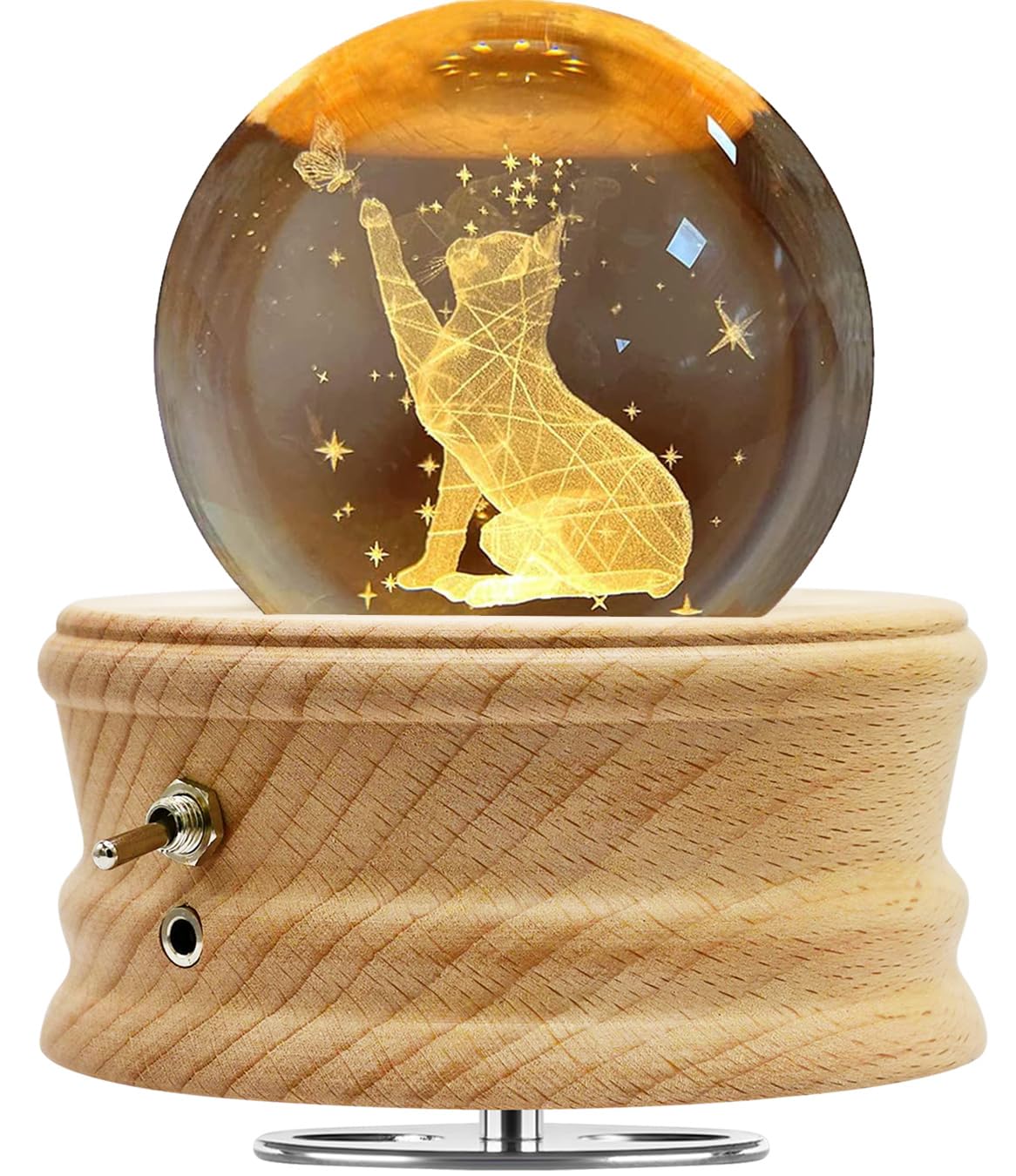 Caja de Música con Bola de Cristal,Caja de Música de Madera con Proyección,Base Giratoria de Madera con Rotación de 360°con Luz, Cristal 3D K9,Regalo de Cumpleaños Navidad Mujeres Niños