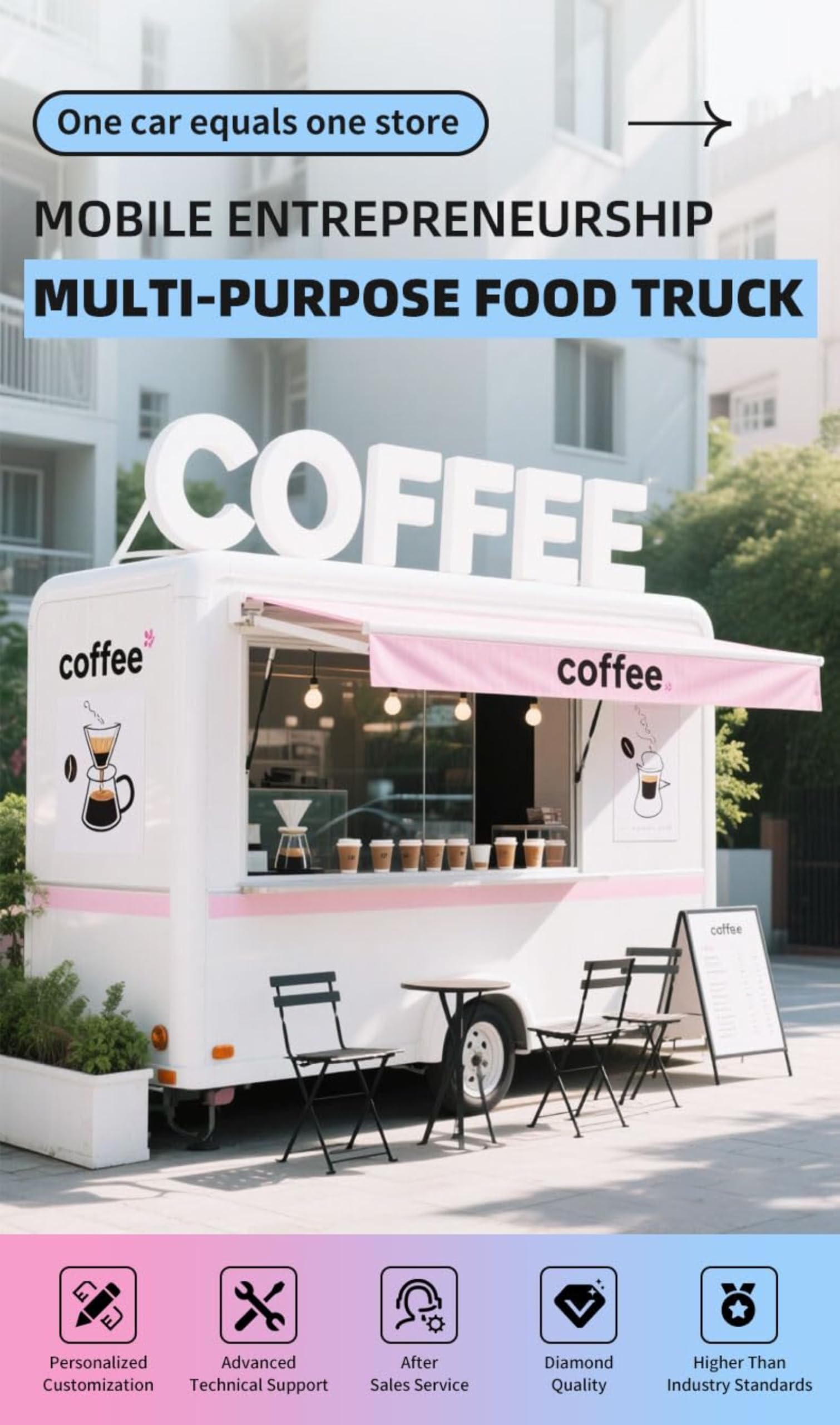 Przyczepa Food Truck na sprzedaż, mobilna przyczepa do kawy i przekąsek – konfigurowalny wózek spożywczy z miejscem do przygotowywania kawy i chłodzenia do obsługi herbaty i małych firm