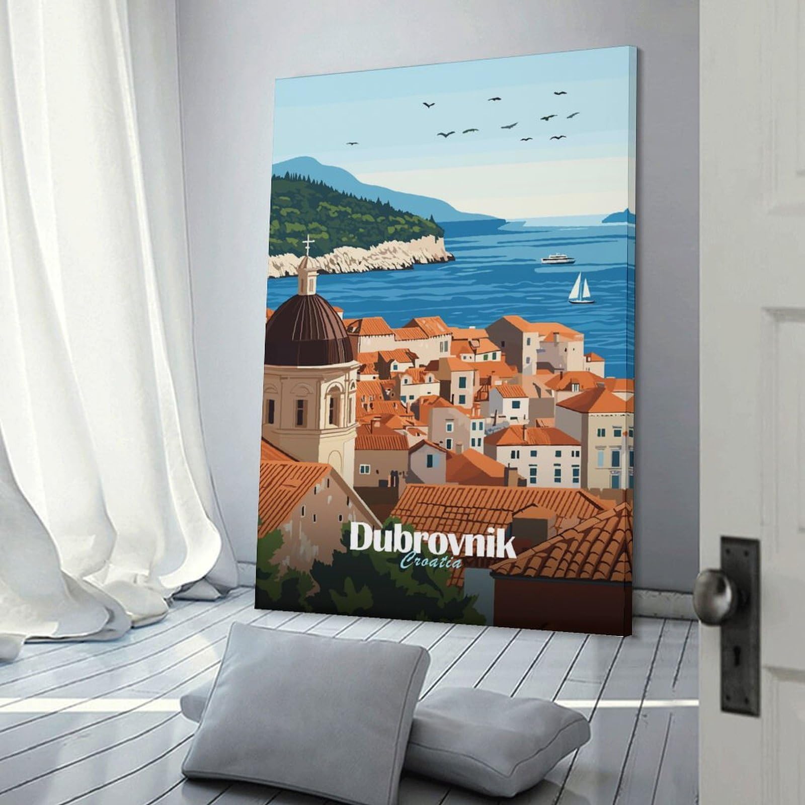 Junmoney Frame-Style-9 Dubrovnik Croatia Travel Poster Canvas Wall Art 24X36inch(60X90cm), For Workspace Walls, Study Corners Or Bedrooms, Wall Art That Adds Style To Work Areas