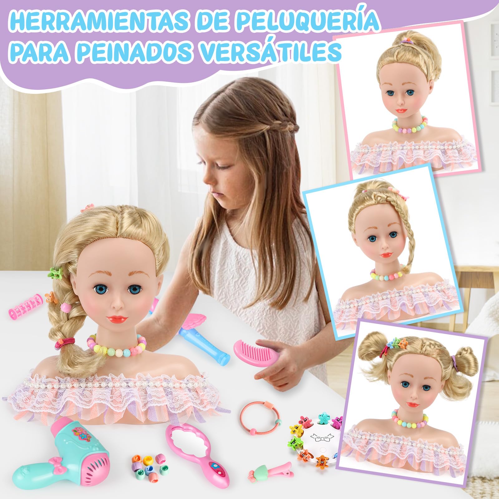 BuzzoXerex Cabeza Muñeca para Peinar y Maquillar, 58 Piezas Busto Muñeca Peinar y Maquillar, Cabeza de Peluquería para Niños, Cumpleaños para Niños a Partir de 3 Años (Rosa)