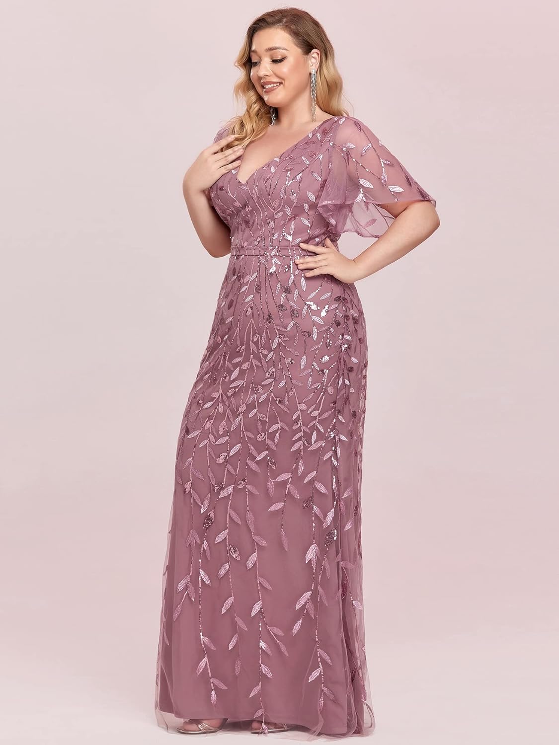 Ever-Pretty Women's V-Neck Curvy Embroidery Formal Dresses Plus Size Sequin Mother of The Bride Dresses 0692-PZUSA