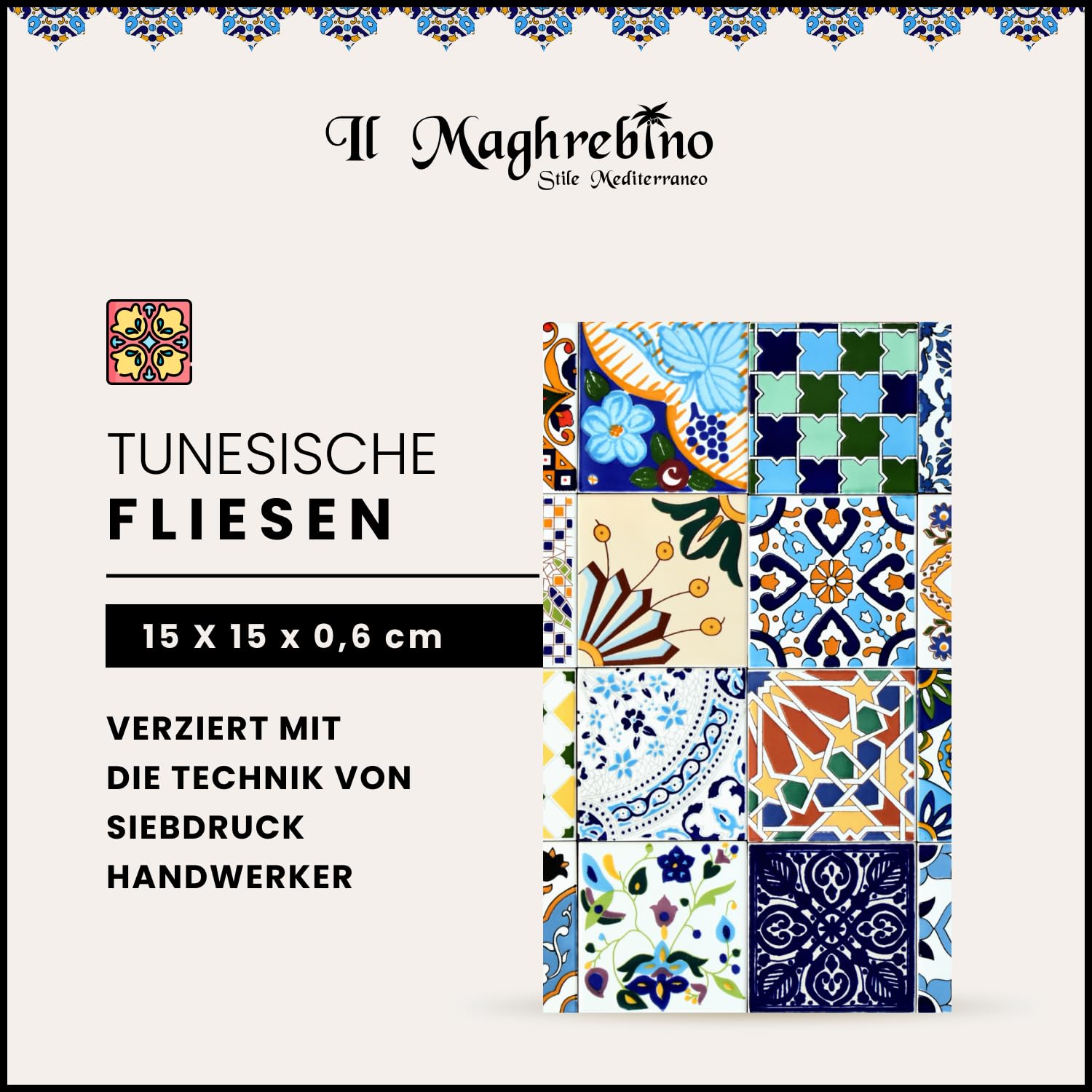 16 glasierte Keramikfliesen – Miste – 15 x 15 cm, Dicke 0,6 cm – tunesische Fliesen, hergestellt mit handwerklichem Siebdruck – geeignet zum Abdecken