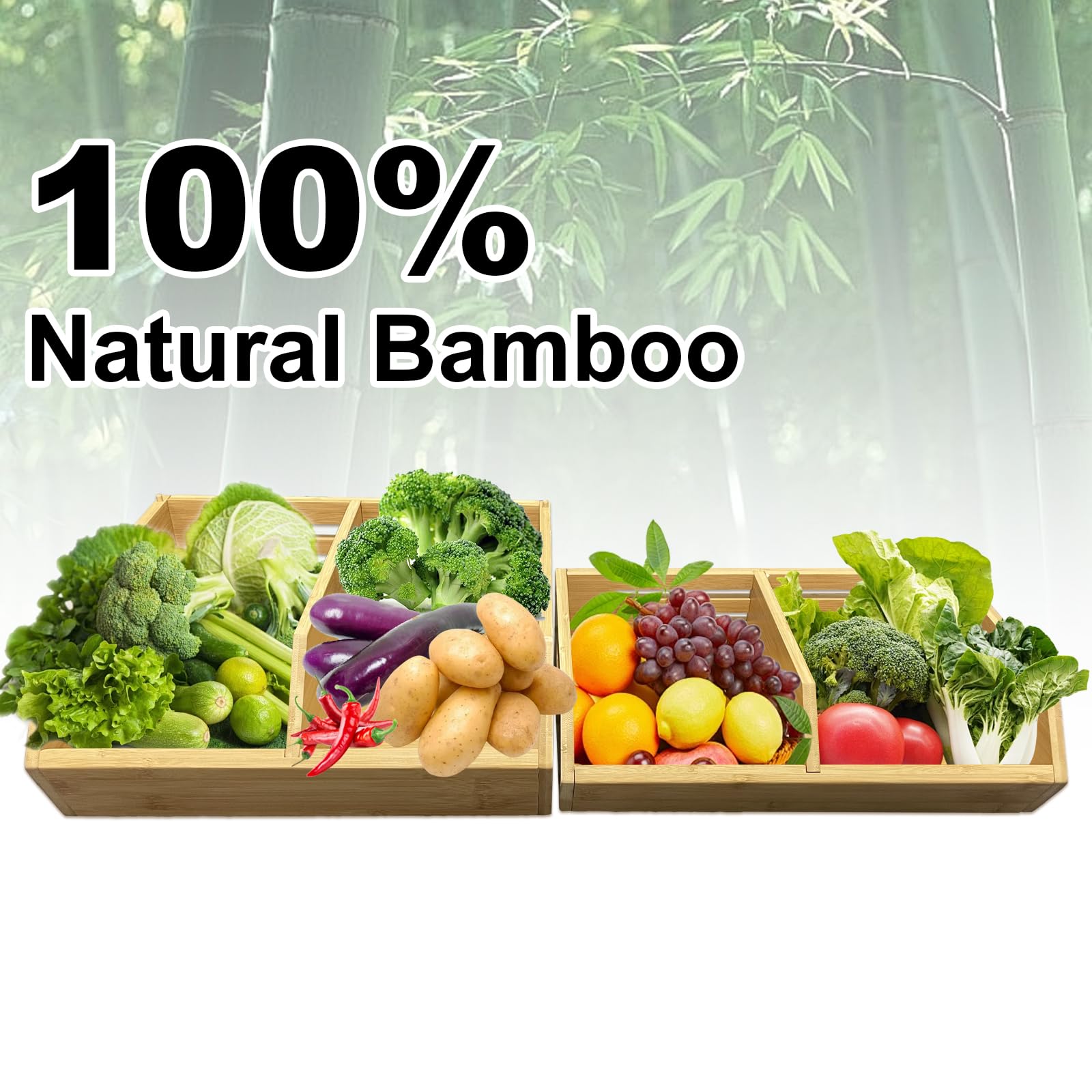 Confezione da 2 contenitori impilabili per verdure, organizer da cucina e dispensa, per frutta, verdura, prodotti, pane, patate, cipolle e snack, contenitori da cucina in bambù