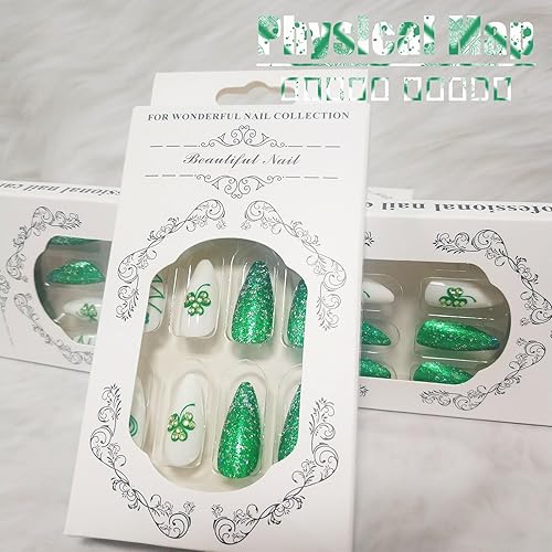Miniatura 6 de 24 uñas postizas a presión del día de San Patricio con diamantes de imitación, diseño de trébol verde brillante, uñas postizas de almendra media con