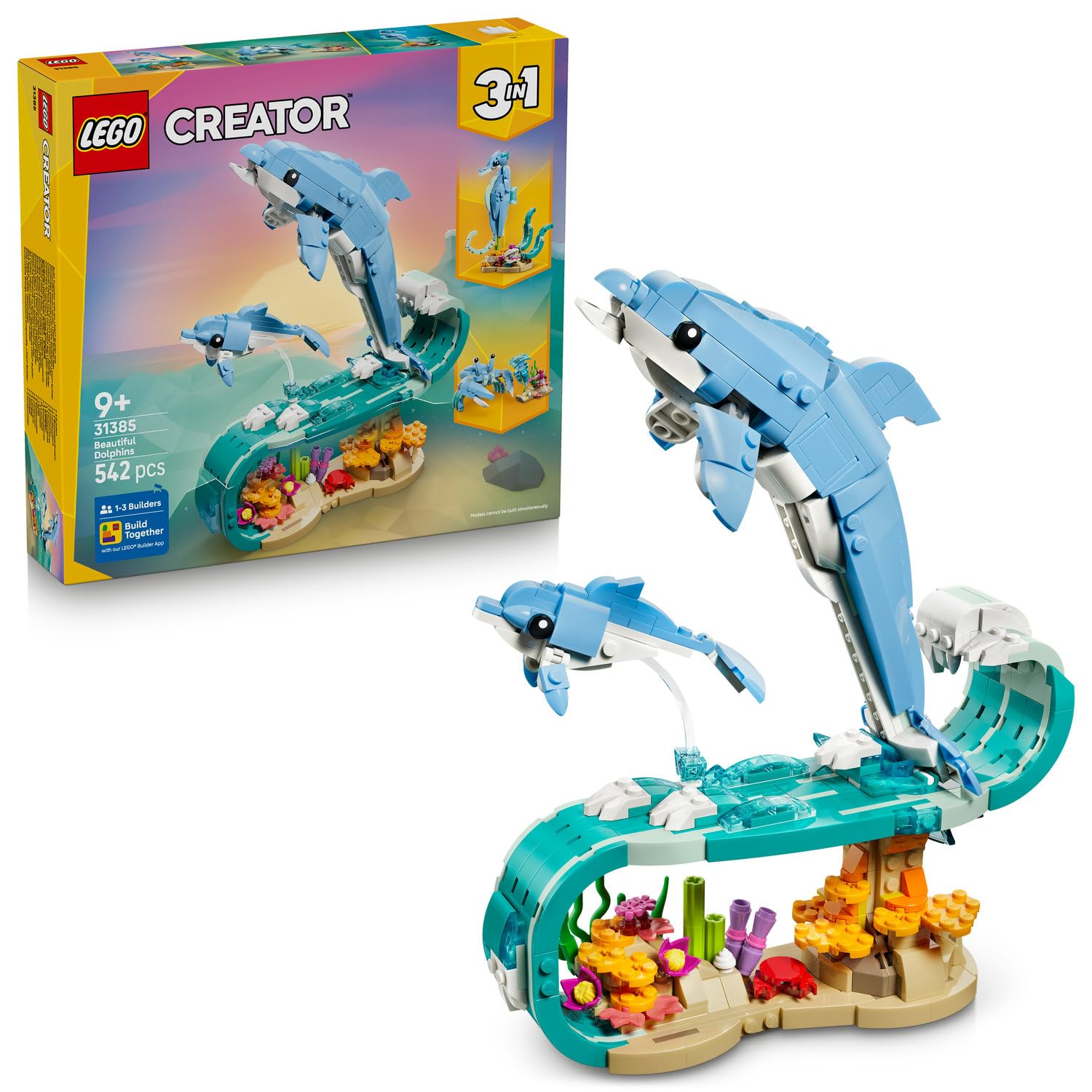 LEGO Creator 3'ü 1 Arada Deniz Hayvanları: Güzel Yunuslar 31385 – 9 Yaş ve Üzeri Çocuklar için Denizatı veya Yengece Dönüşebilen Yaratıcı Oyuncak Yapım Seti, Dekoratif Hediye Fikri (542 Parça)