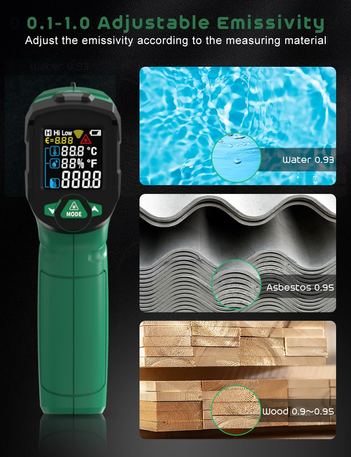 Infrared Thermometer Gun,SQECH Laser Thermometer Gun -58℉～1472℉(-50℃～800℃),Temperature Gun with Ambient Temperature&Humidity/Adjustable Emissivity/Color Backlight for Cooking, Oven,Engine,HVAC — Amazon image 6