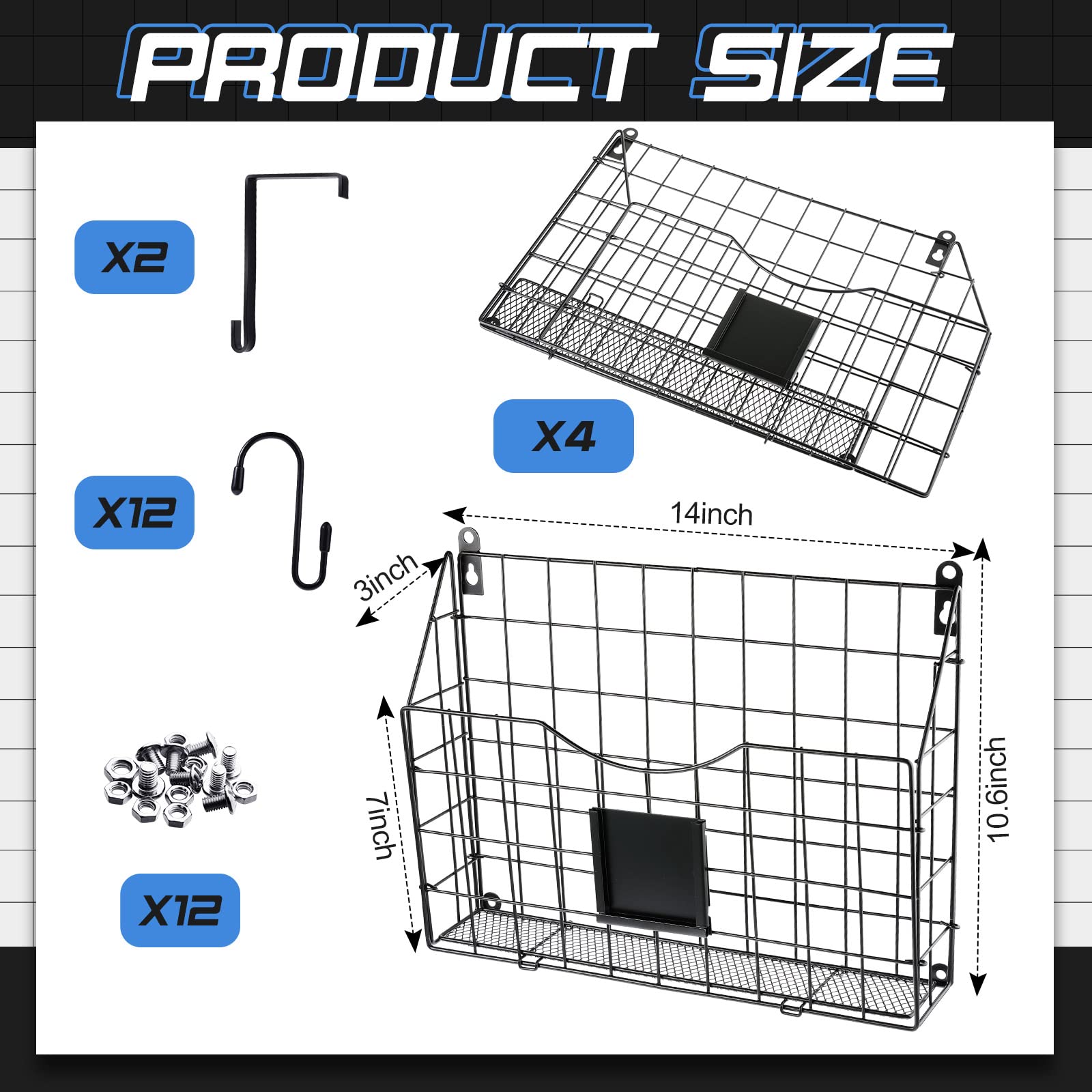 4 Pack Hanging Wall File Organizer with 2 Pcs Door Hooks and 12 Pcs S