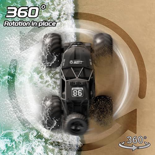 Miniatura 9 de 4DRC Y10 - Camión monstruo a control remoto anfibio impermeable, escala 114, faros LED, 2 baterías y control de doble modo, auto de control remoto