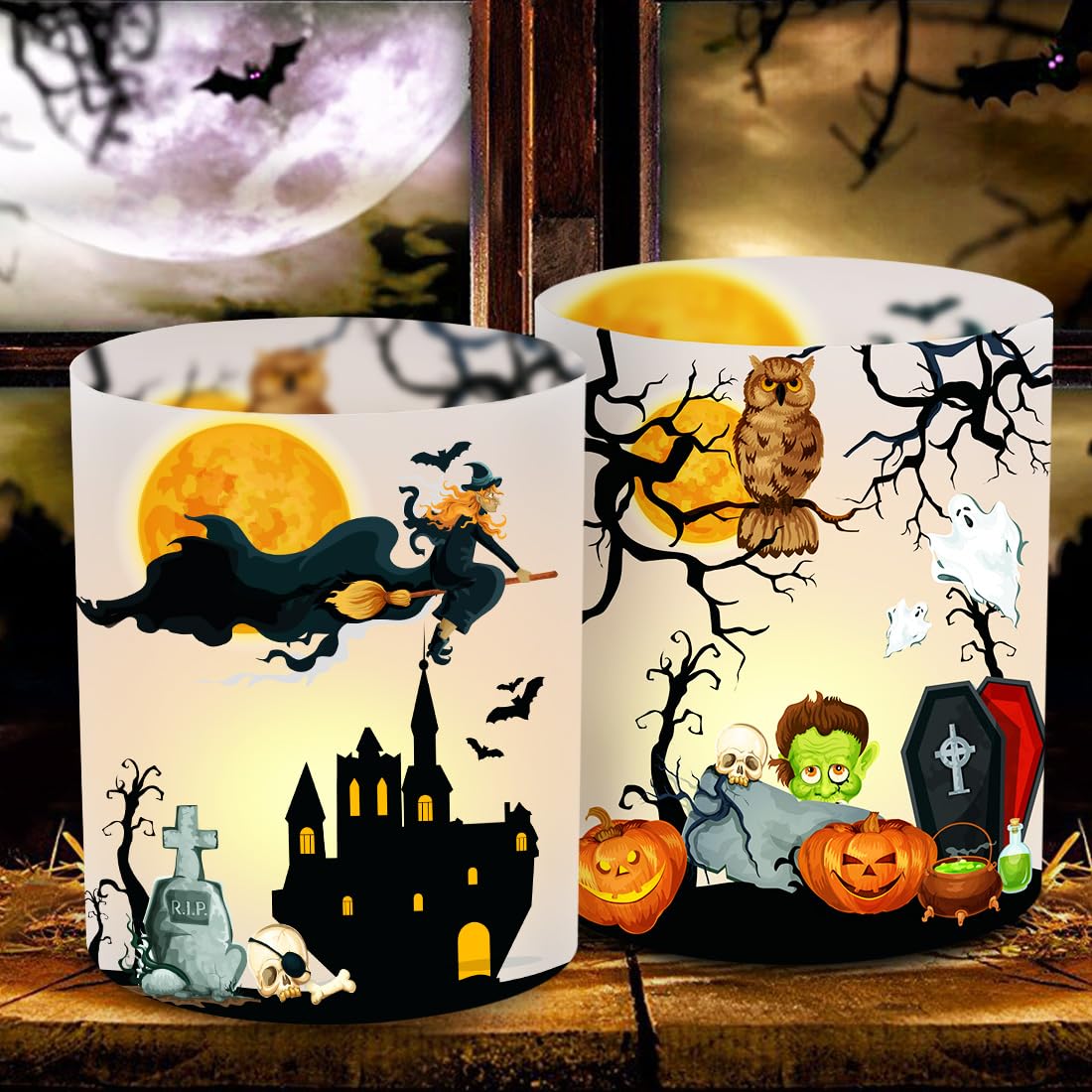12 Windlicht Tischdeko Halloween, Halloween Windlicht mit Hexe Kürbis Fledermaus Grabstein, Party Deko Tisch, Geeignet für Teelicht oder Kerzen