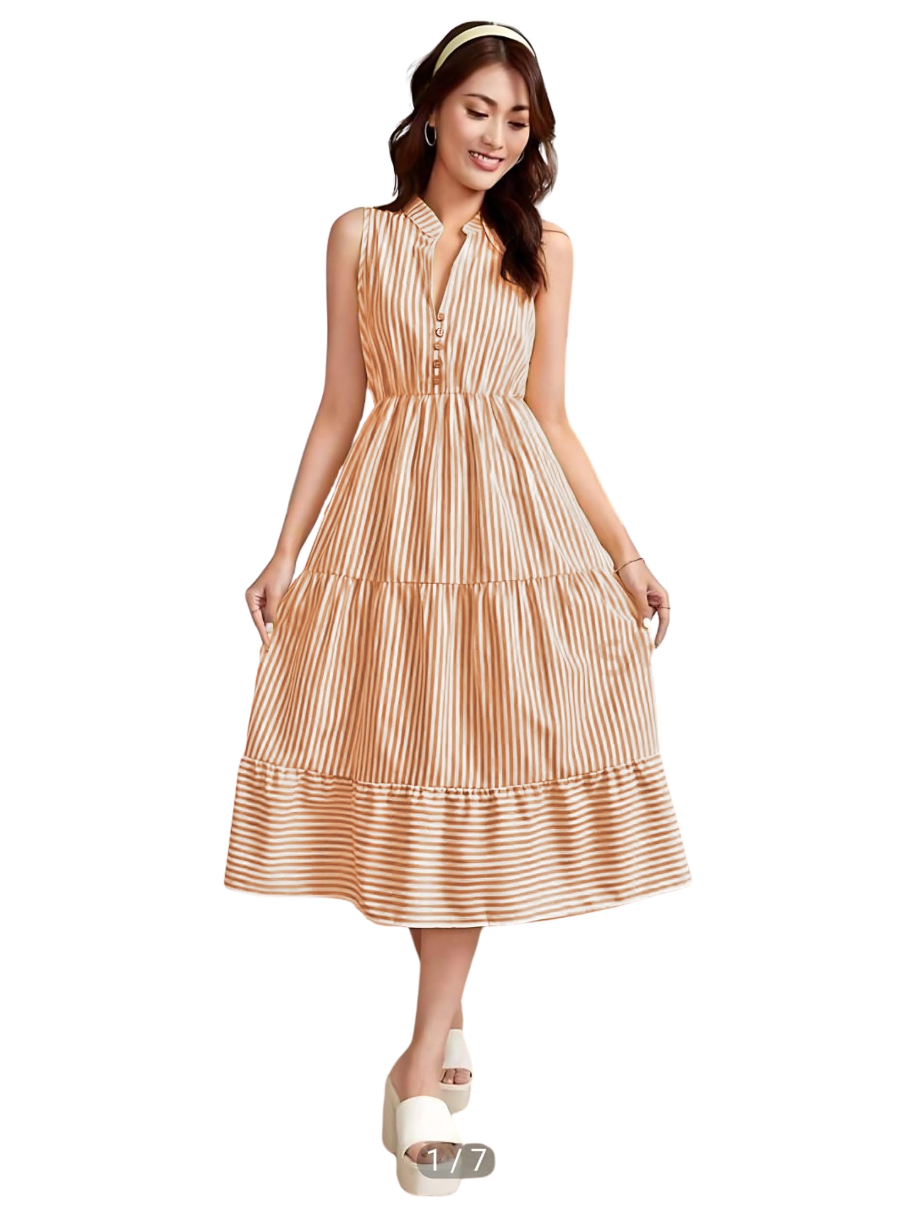 karma apparel Women’s Striped Print Notched Neck Sleeveless Ruffle A-Line Midi Dress-picture-38